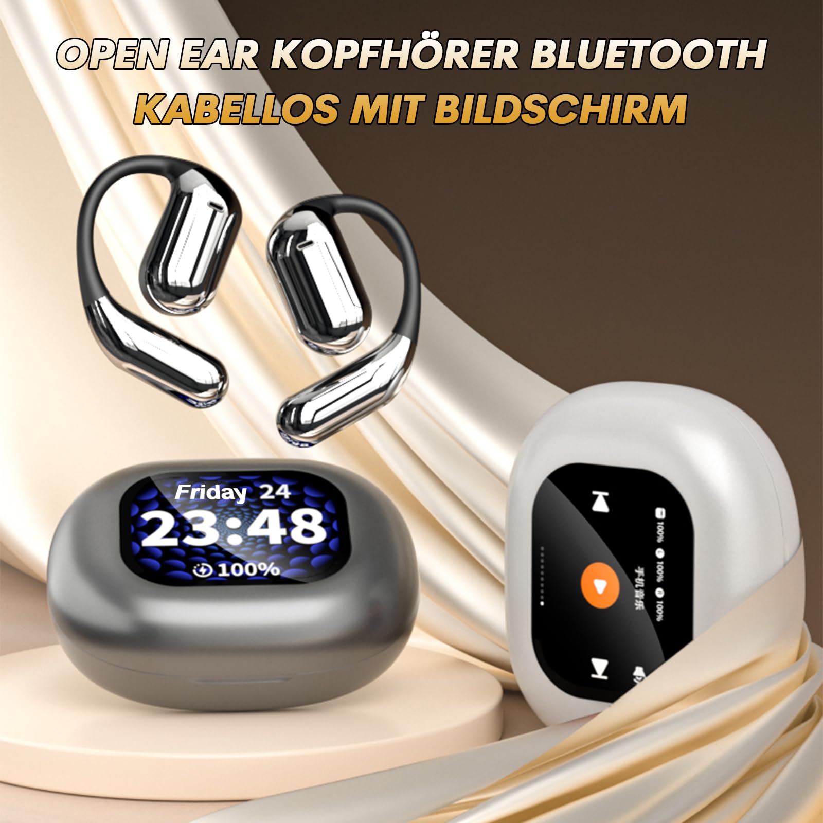 Open Ear Kopfhörer Bluetooth kabellos mit Bildschirm Wireless Earbuds Air Bone Conduction Headphones mit Touchscreen schnurlose drahtlose Ohrhörer Knochenschall Earphones Kopfhoerer für Mann Sport