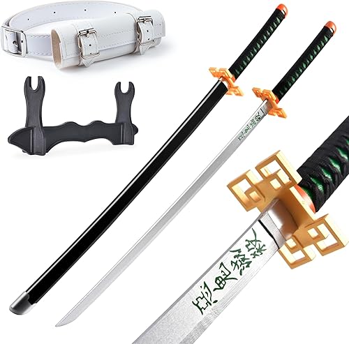 Demon Slayer Sword 41inch,with Display Stand and Belt, Rengoku SwordTanjiro SwordZenitsu SwordAnime Original Texture,for Demon Slayer Cosplay and