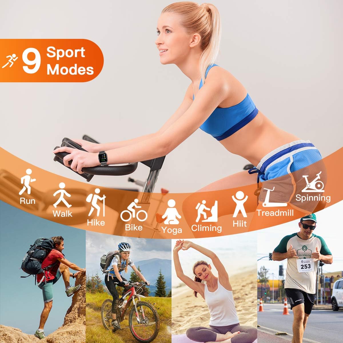 Smartwatch displaying 9 sport modes icons, with various people engaged in different activities.