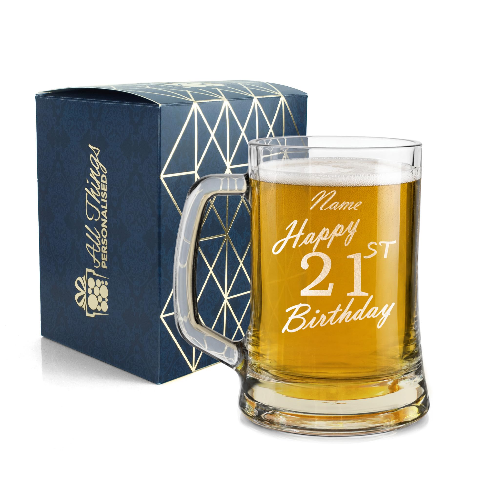 Chope à bière gravée personnalisée avec inscription « Stein Happy 21st Birthday » dans une boîte cadeau