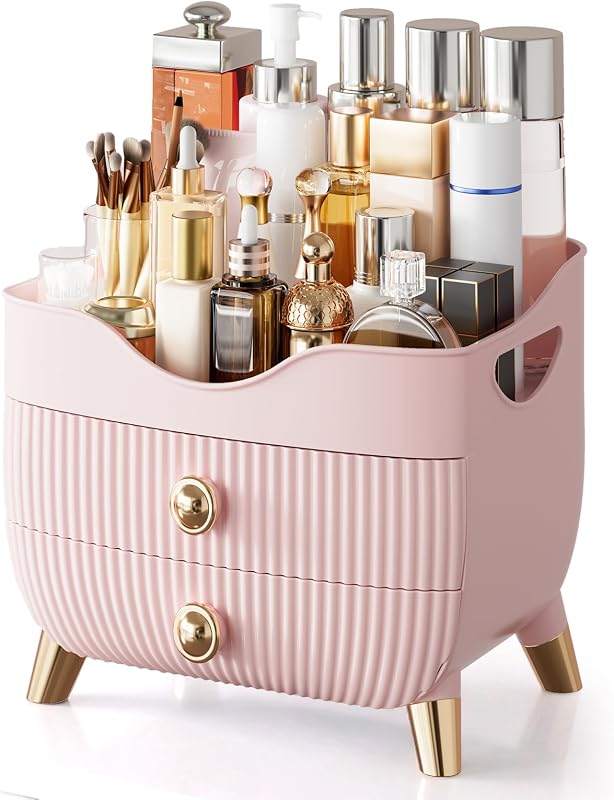Organizador de maquiagem YGJT para bancada, com 2 gavetas e alça, rosa