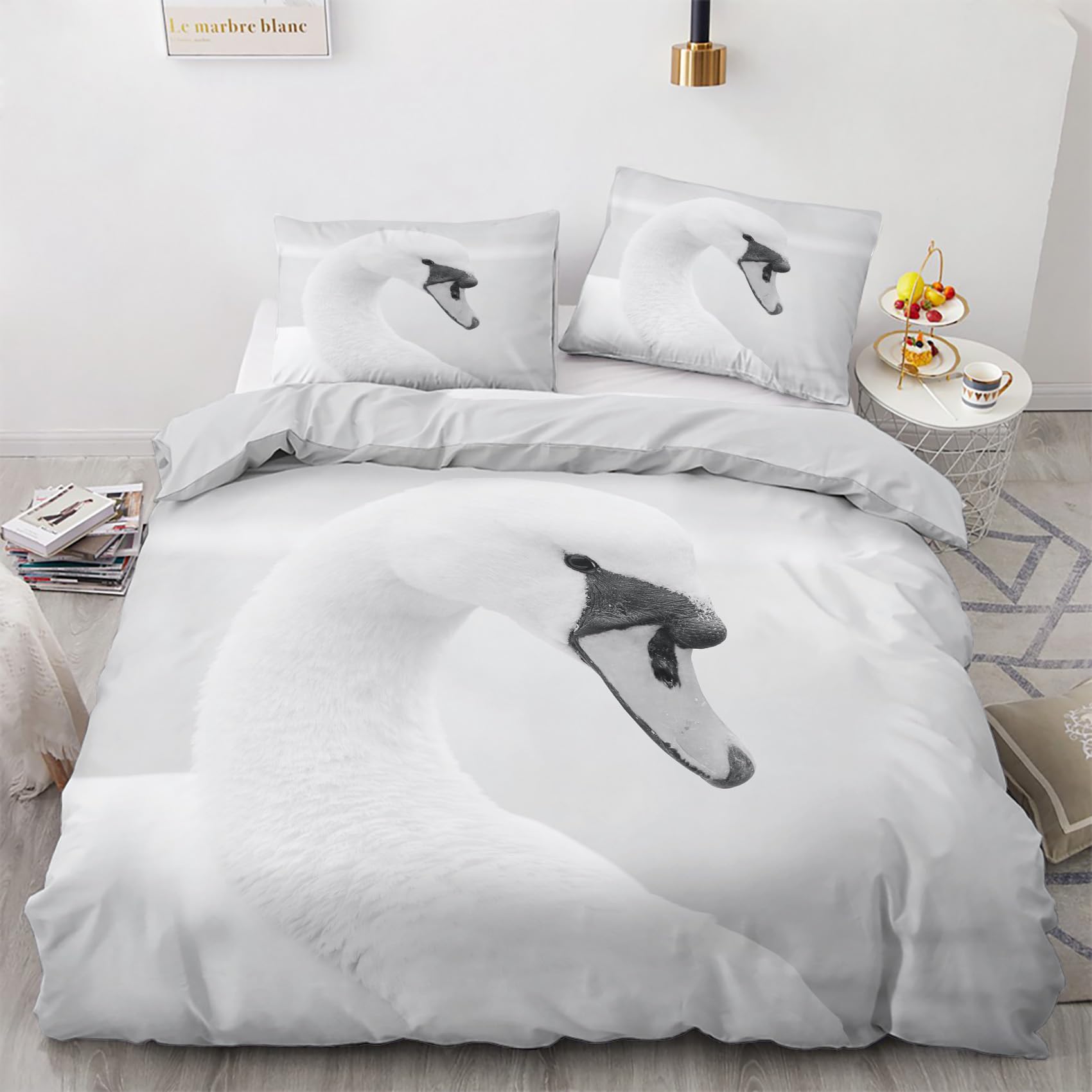 Swan Single Duvet Cover Set - White Bedding Set - Reversible Quilt Cover & 1 Pillowcase with Zipper Closure, Ultra Soft and Non Iron Brushed Microfibre Bed Set 135 x 200cm L3-&-17