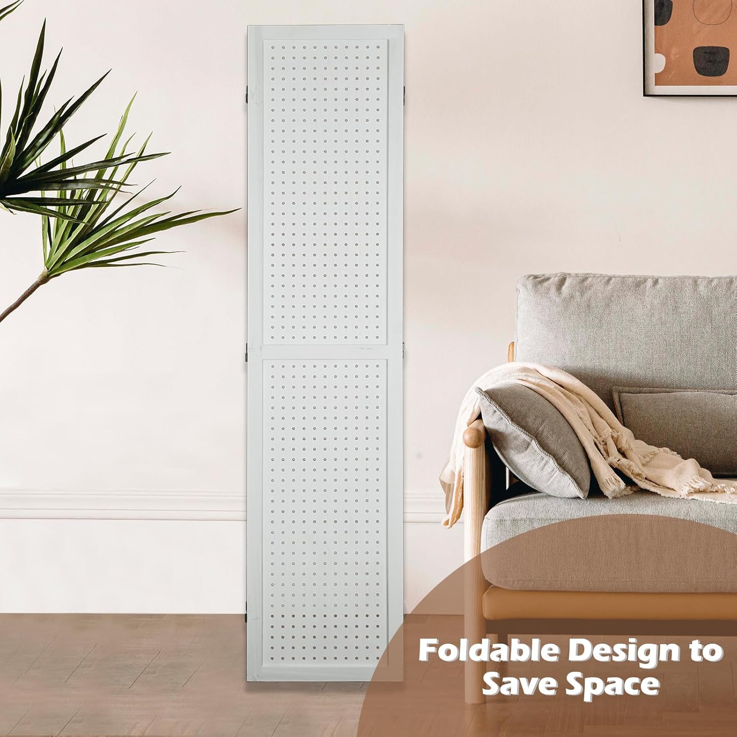 ECOMEX 4 Panel Room Divider, 5.6Ft Pegboard Display Wooden Room Divider Folding Privacy Screen Room Divider Freestanding Peg Board Display for Trade Show Craft Show Home Wall Organizer, Elegant White