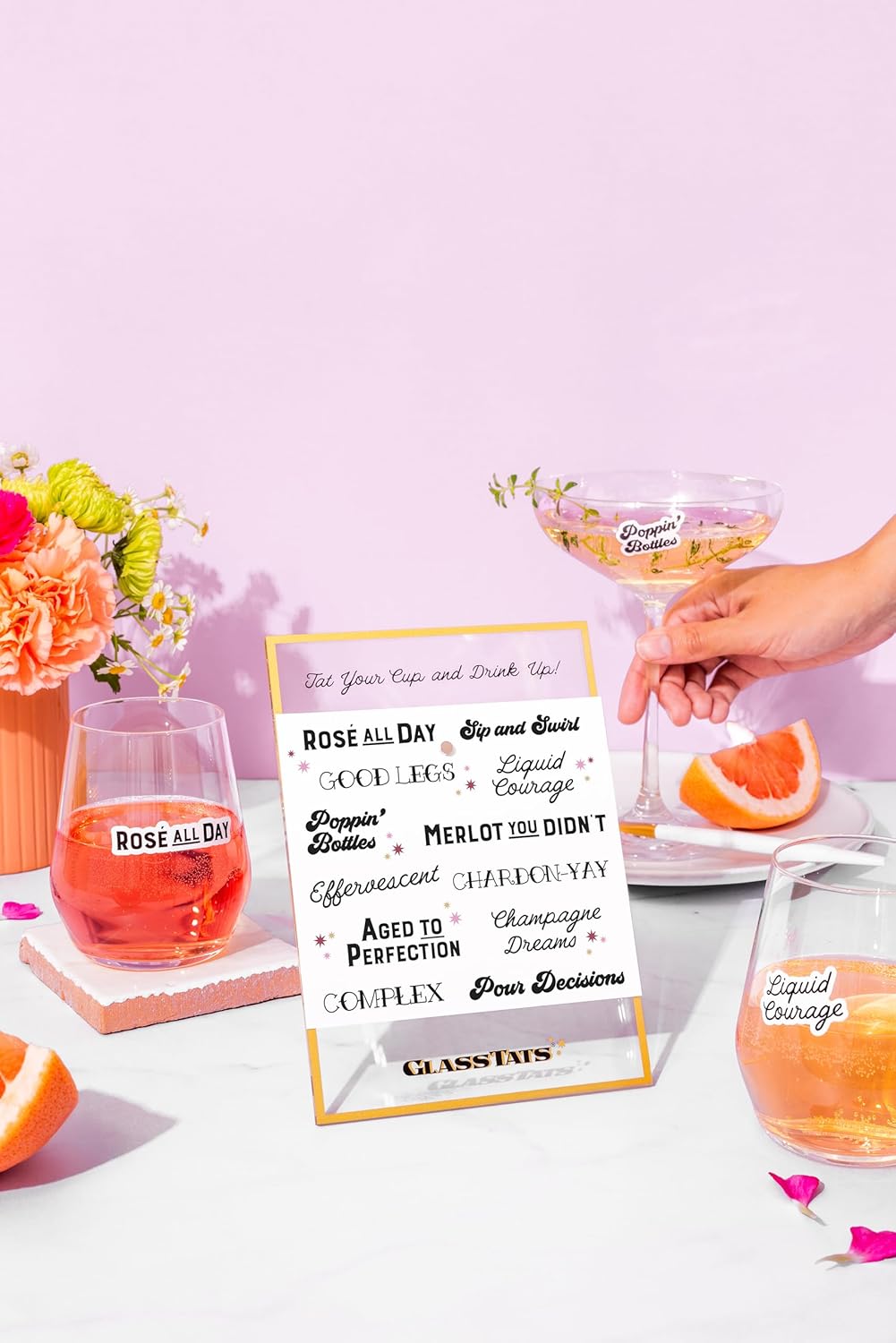 GLASSTATS Wine Starter Kit - Luxe Display Frame - 24 Dissolvable Drink Markers - Premium Party Supplies & Wine Charms - Perfect for Wine Lovers, Dinner Parties Girls Night, & Unique Hostess Gifts