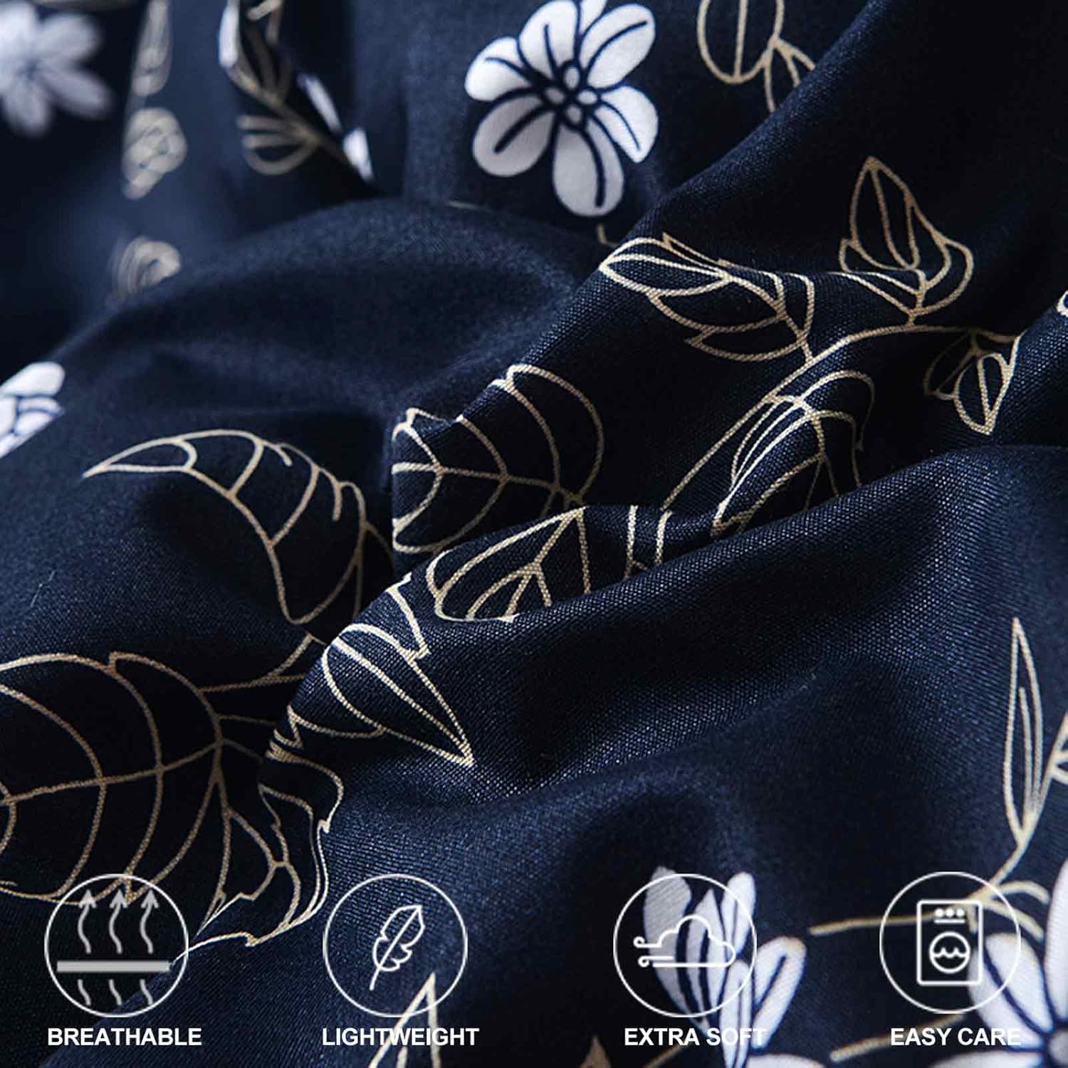 Faincy King Size Comforter Set, Navy Blue Floral White Flower Pattern Printed Reversible Alternative Bed Sets - Soft Microfiber Vintage Farmhouse Bedding in a Bag for Women Men, Dark Blue 104x90 3PCs