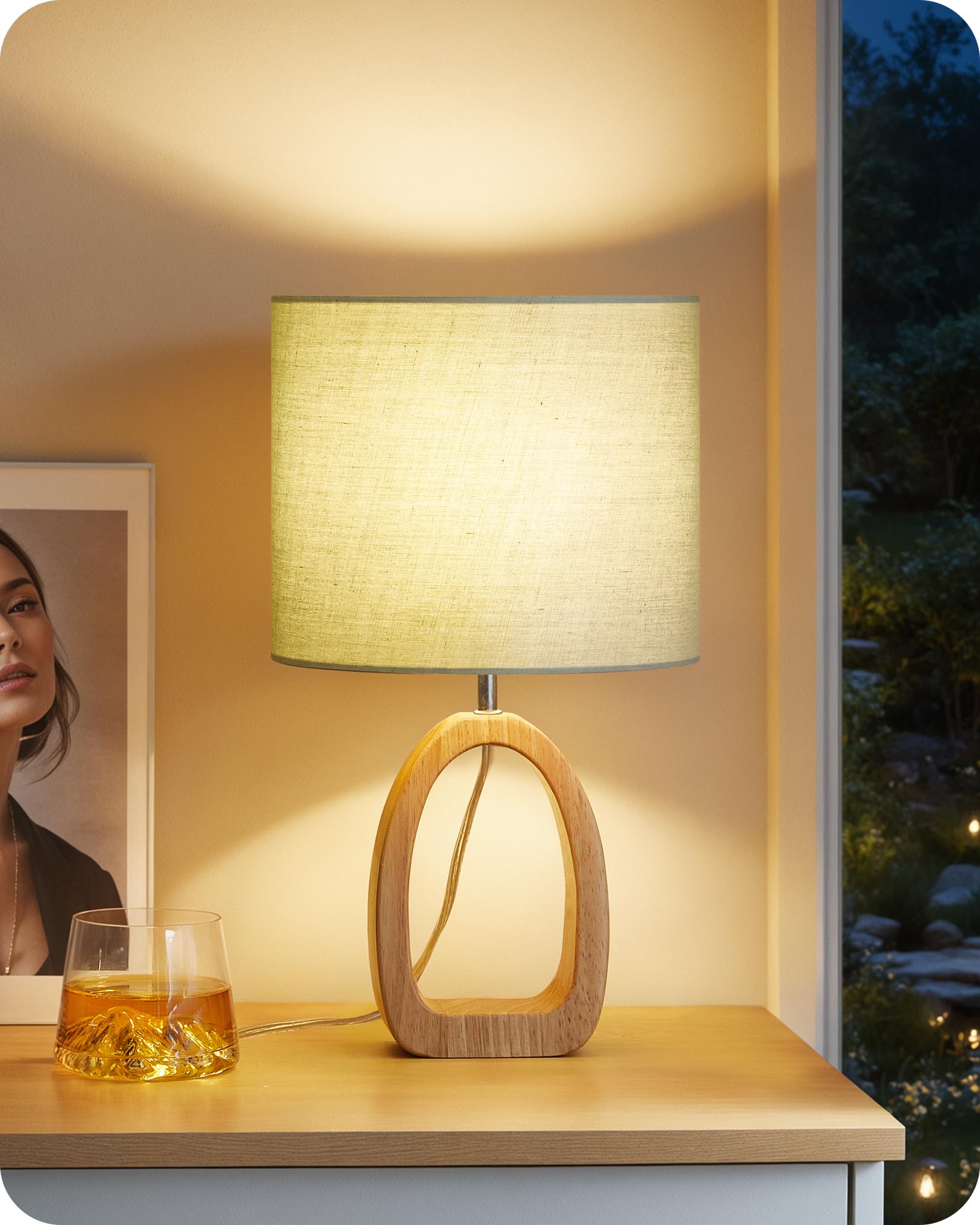 GOEBLESON Table Lamp, Wood Bedside Lamp with Ring-Shaped Base and Linen Lampshade, Modern Desk Lamp with Cable, E27 Base - Image 3