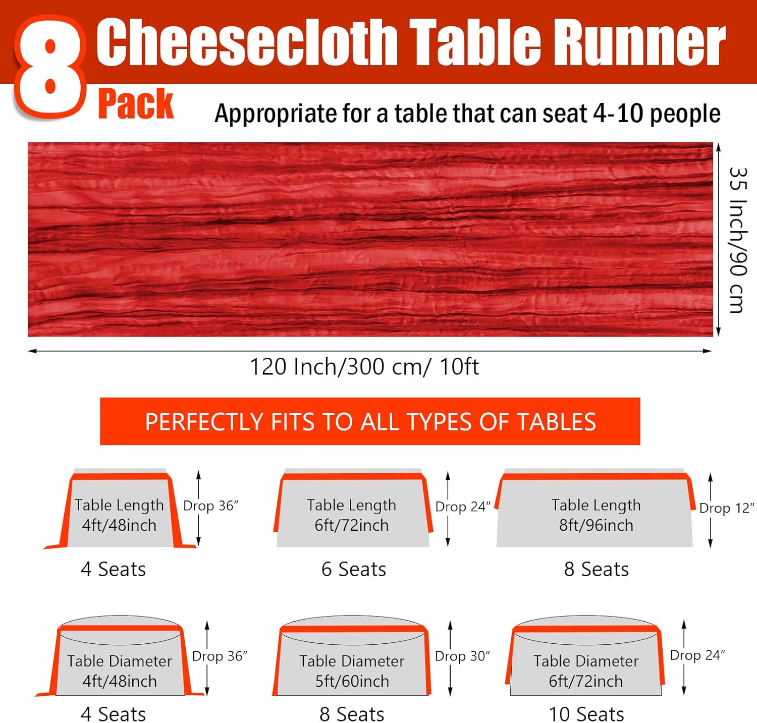 8 Pack Red Cheesecloth Table Runner 35x120 Inches Boho Gauze Rustic Christmas Cheese Cloth Table Runners 10ft Long Romantic Sheer Table Runner for Wedding Bridal Baby Shower Party Decor