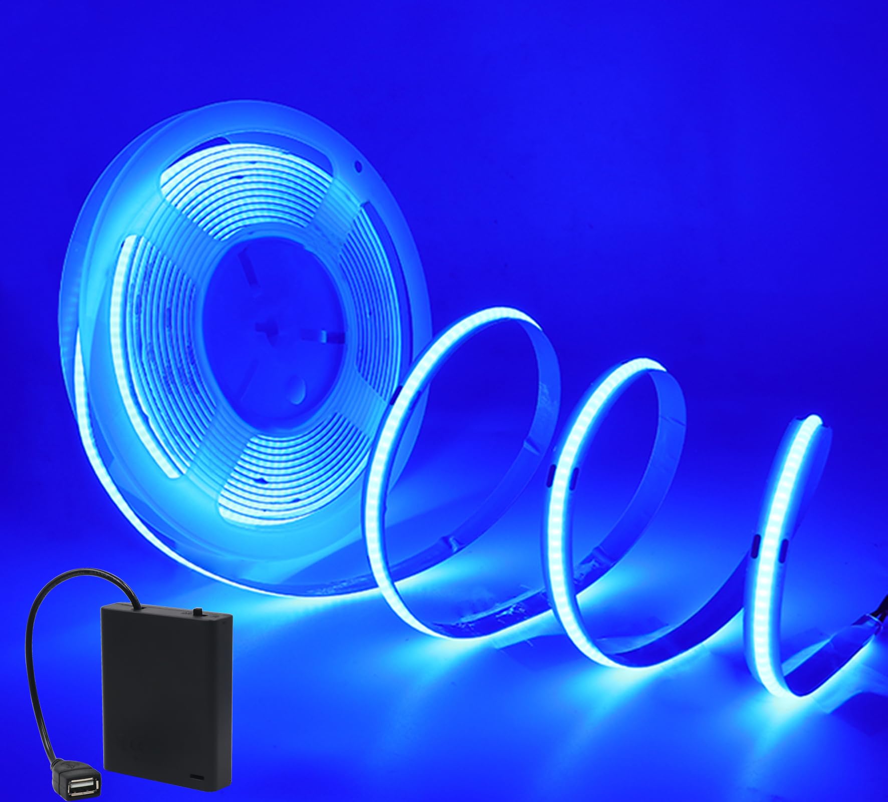 Wisada 5V COB LED Light Strip USB Powered [1m, Blue], 320 LEDs/m Flexible Indoor FCOB LED Fairy Light CRI90+, with USB 4AA Battery Box, Home Decoration - Batteries not Included — image 1