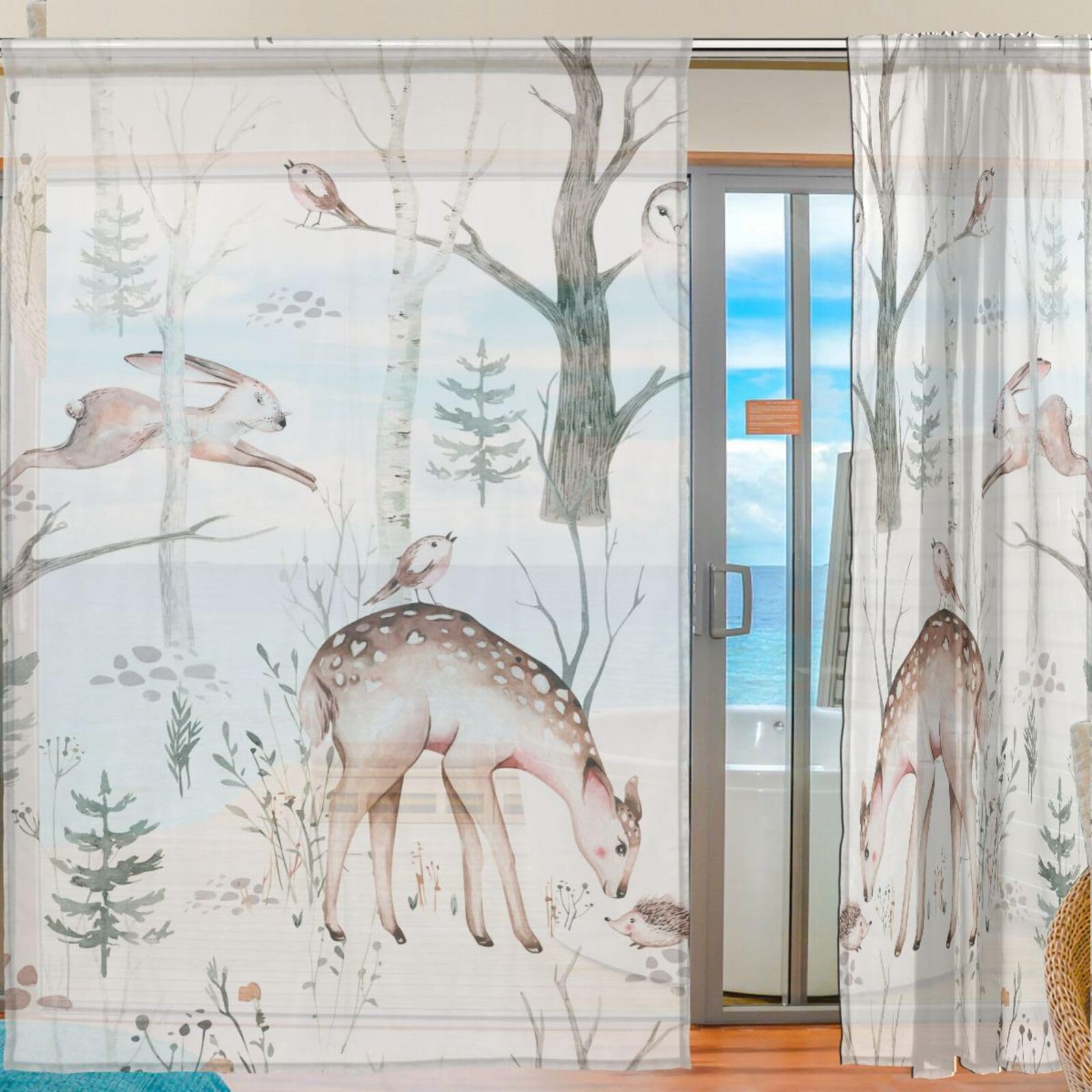 Amazon｜レースカーテン 森の動物 北欧風 狐 鹿 フクロウ 枯れ木