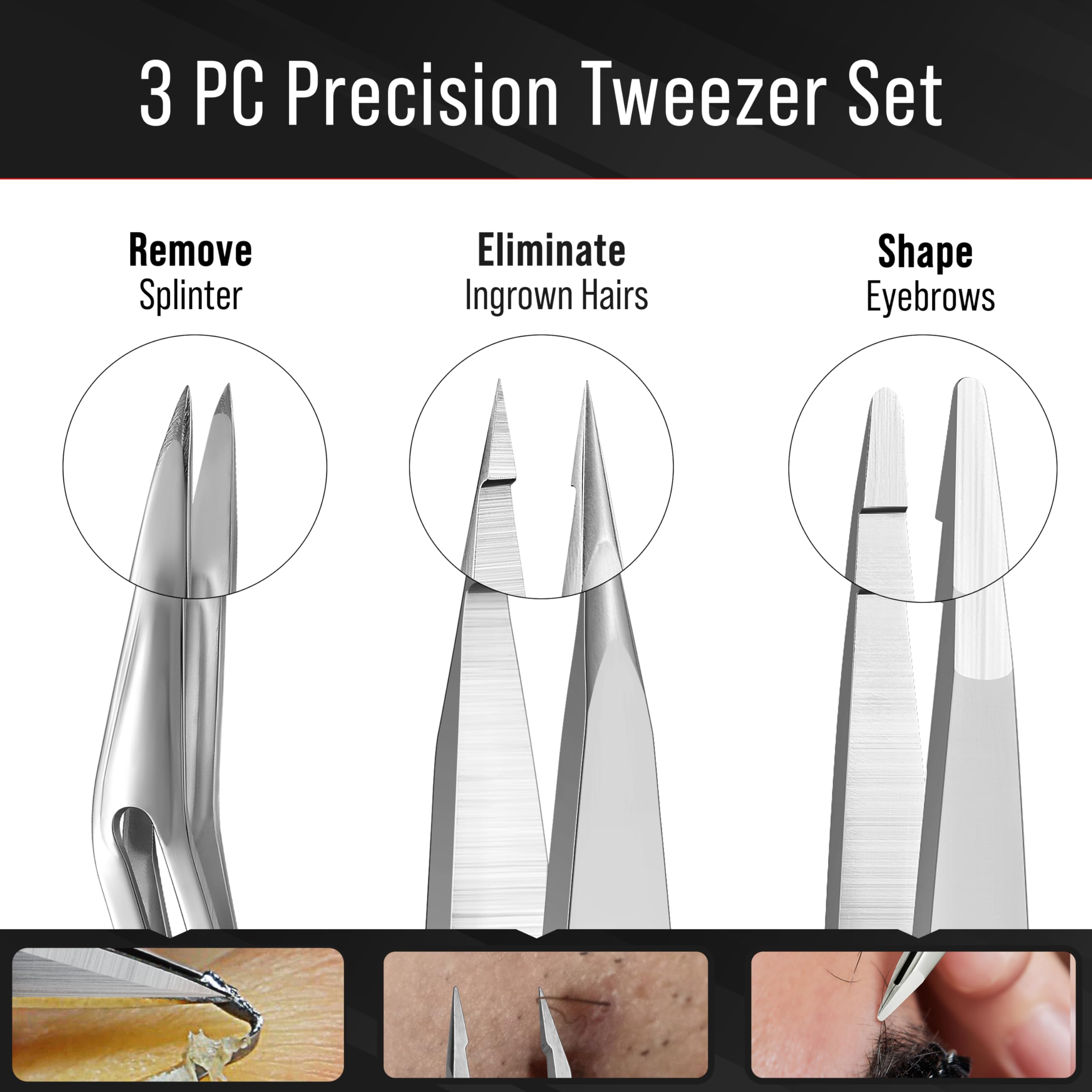 DUROX 3-Piece Stainless Steel Tweezers Set with Travel Pouch