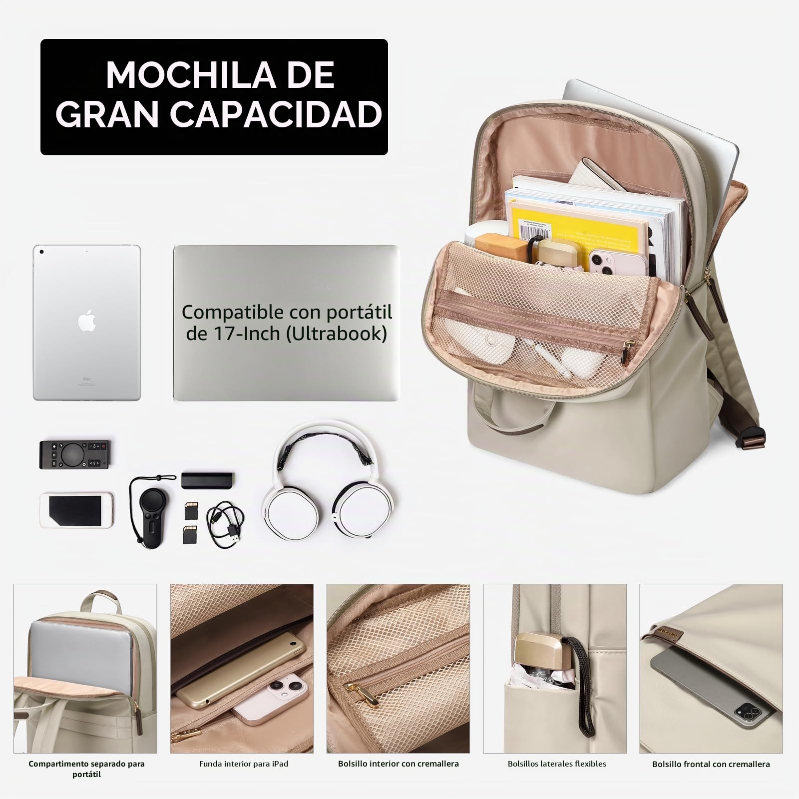 GOLF SUPAGS Mochila viaje, Mochila Mujer, Mochila Escolar Universidades Impermeable para Ordenador Portátil de hasta 17 Pulgadas,Para Estudios, Viajes, Trabajo, Casual, Avion Albaricoque