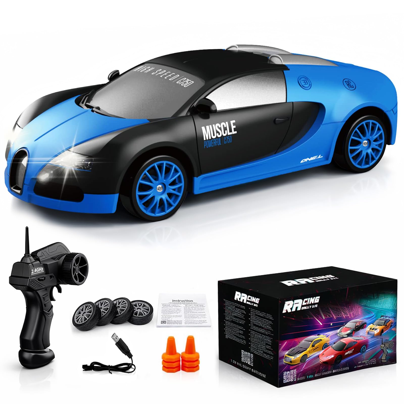 Remote Control Car RC Drift Car 2.4GHz 1:24 Scale 4WD 15KM/H High Speed Model Vehicle with LED Lights Drifting Tire Racing Sport Toy Car for Adults Boys Girls Kids Gift