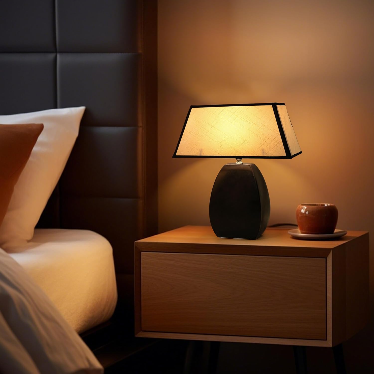 AELS Set of 2 Small Mid Century Modern Table Lamps, 16" Rustic Distressed Black Ceramic Bedside Lamp for Bedroom, Small End Table Side Table Desk Lamp, Perfect for Modern Farmhouse Decor, Rectangular