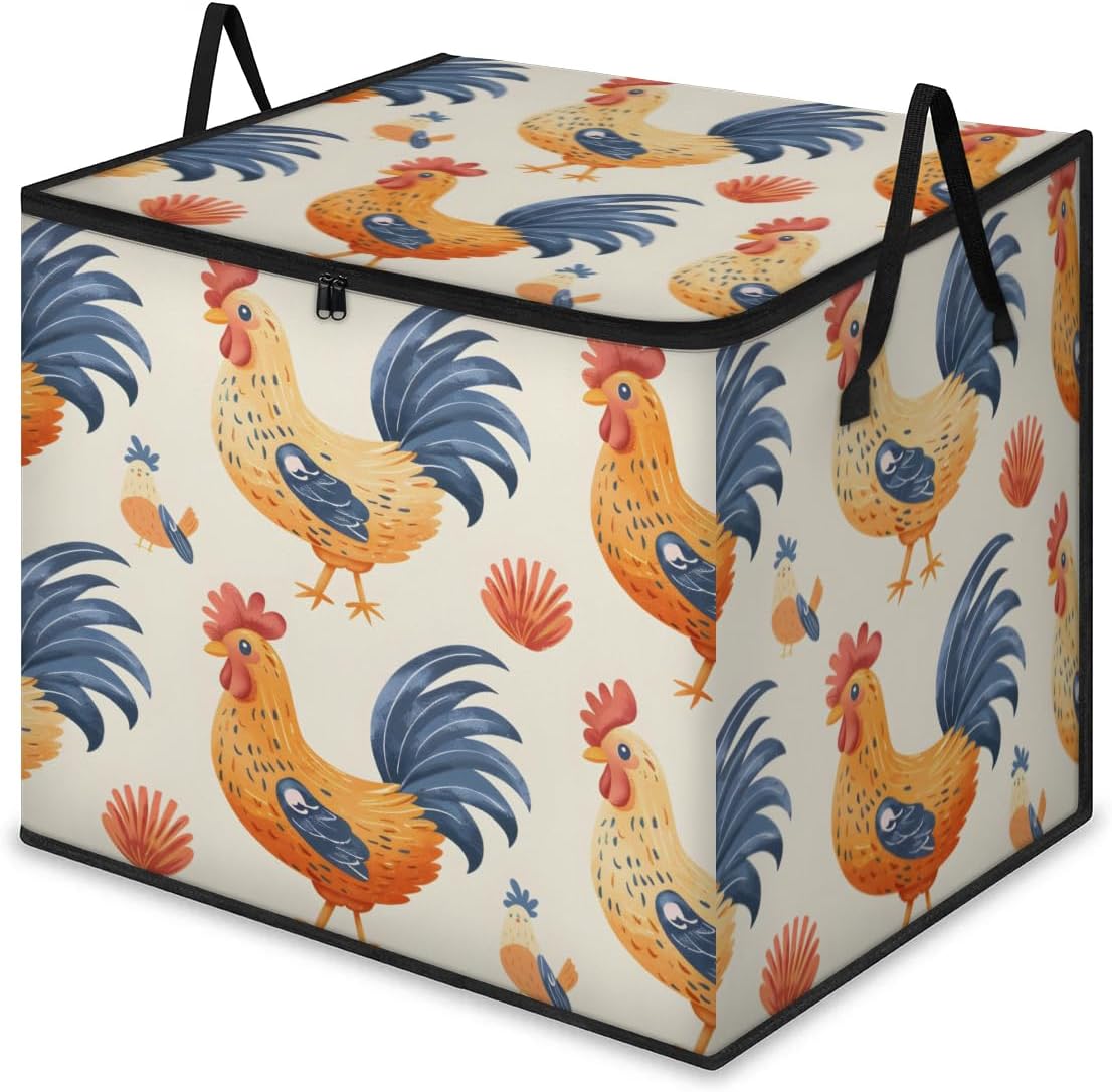 Honeybaby 214L Extra Large Comforter Storage Bag Rooster Chickens Storage Totes with Lids Waterproof Closet Organizer Folding Blanket Storage Bags for Clothes Bedding Pillows