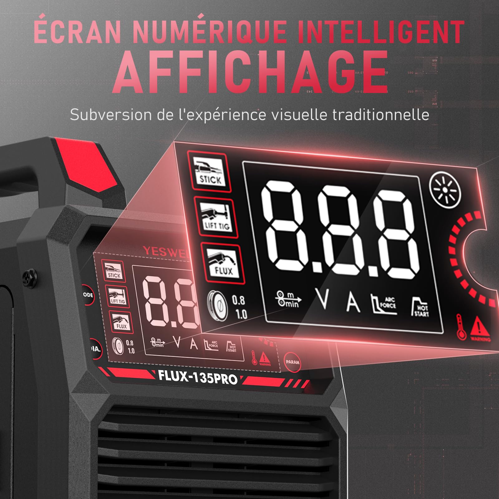 YESWELDER 135Amp Poste a Souder Fil Fourré MIG sans Gaz 230V Poste a Souder Flux MIG/Lift TIG/Stick 3-in-1 Poste de Soudage LED IGBT Inverter avec 2 Unités Fil Fourré