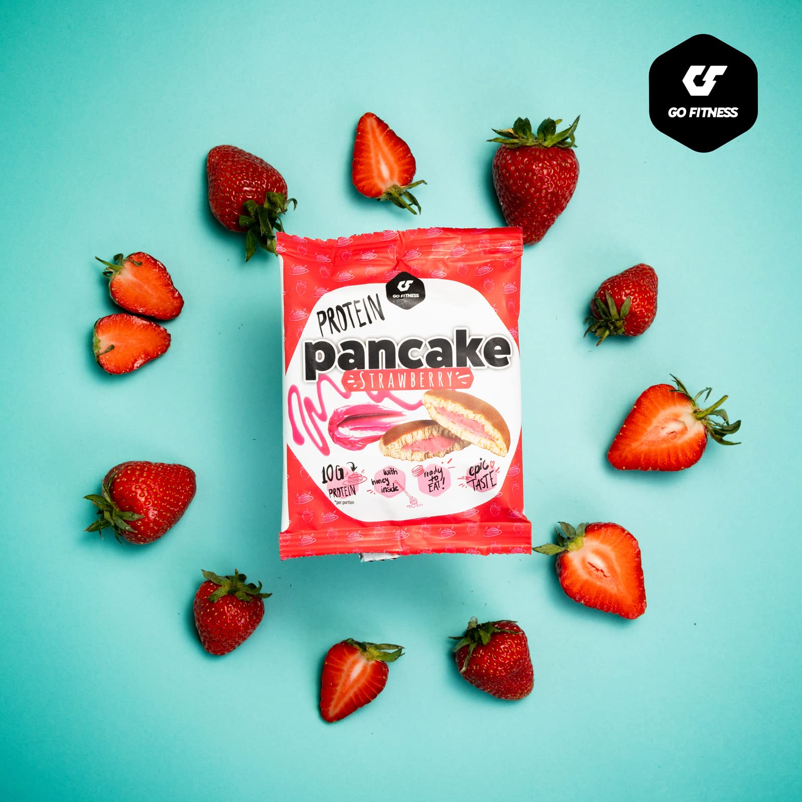 Go Fitness Protein Pancakes - [12 x 50 gramm ] Erdbeere High Protein Snack, frisch gebacken & extrem lecker - Eiweißriegel alternative mit 13g Eiweiß pro Pancake