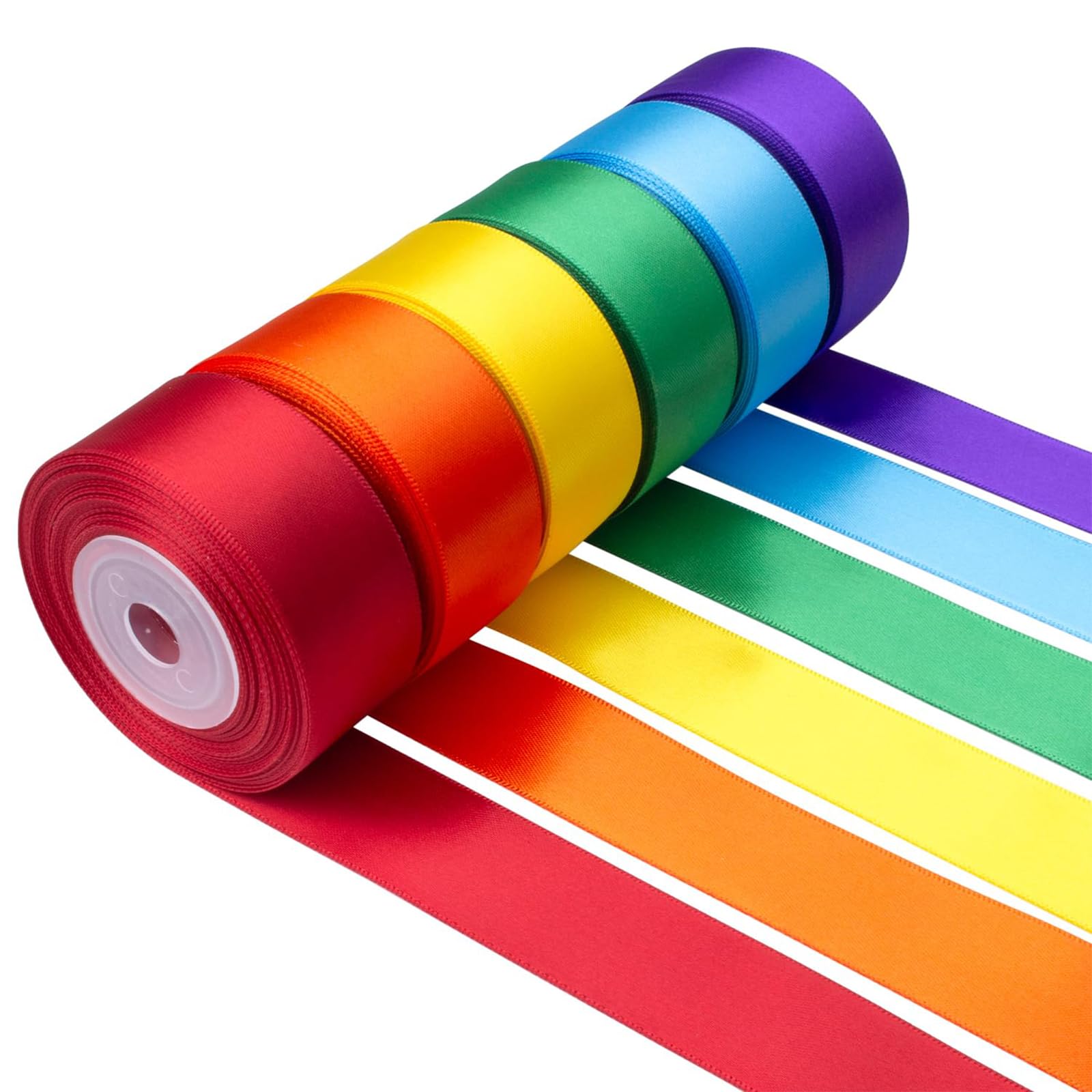 60M Rainbow Satin Ribbon Set – 6 Rolls of 50mm Wide, Vibrant Colours for Crafting, Gift Wrapping, and Party Decorations – Premium Quality Silk Ribbon Large Fabric Ribbons