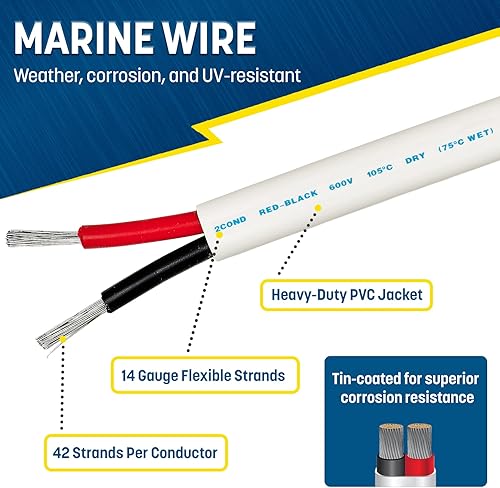 Miniatura 2 de GS Power Marine Wire - Alambre de cobre estañado dúplex para barcos de 50 pies, calibre 14 AWG, cobre forrado negro y rojo sin oxígeno