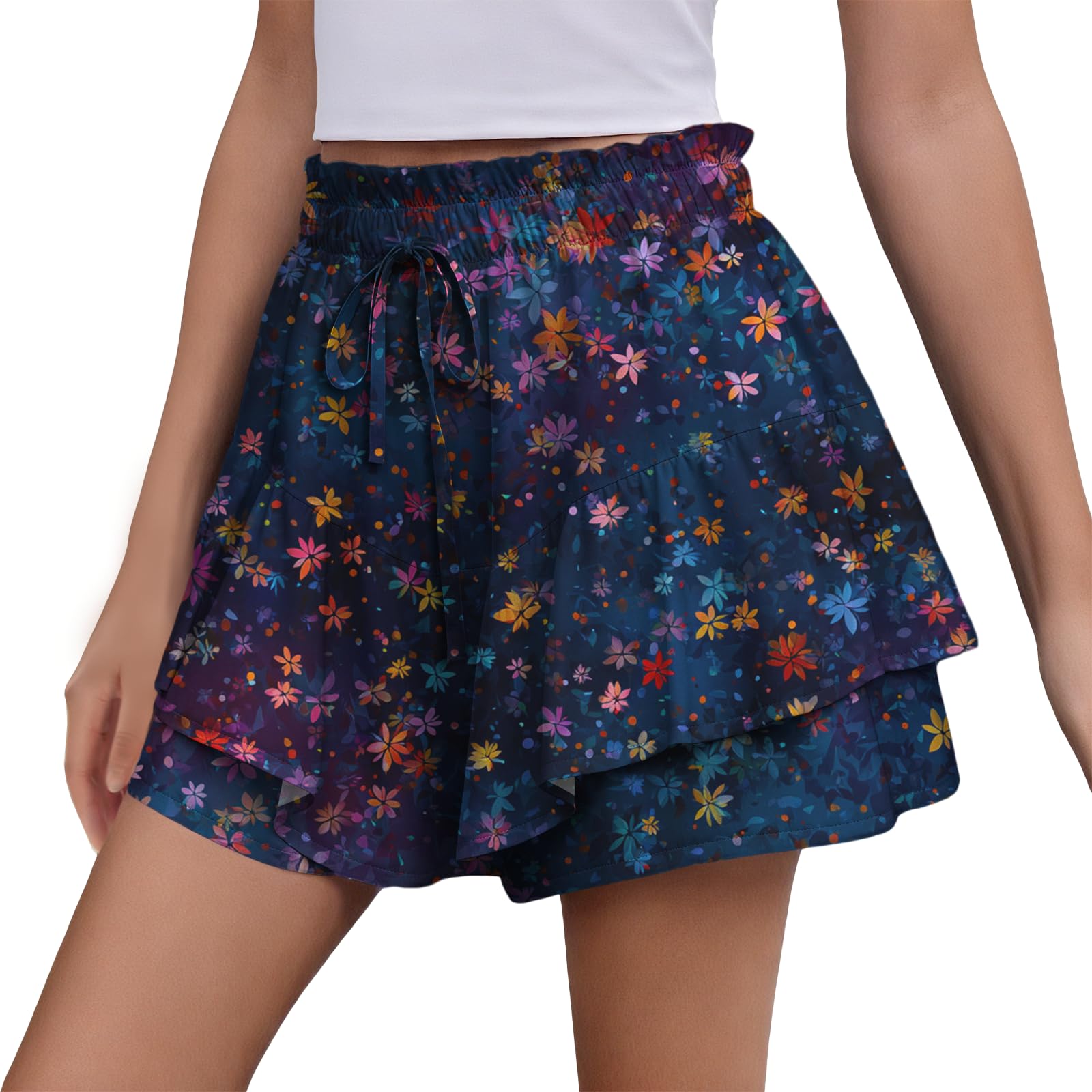Flowy Skort for Women Fashion Drawstring Elastic Waistband Breathable Plus Size Skirts High Waisted Boho Beach Wear