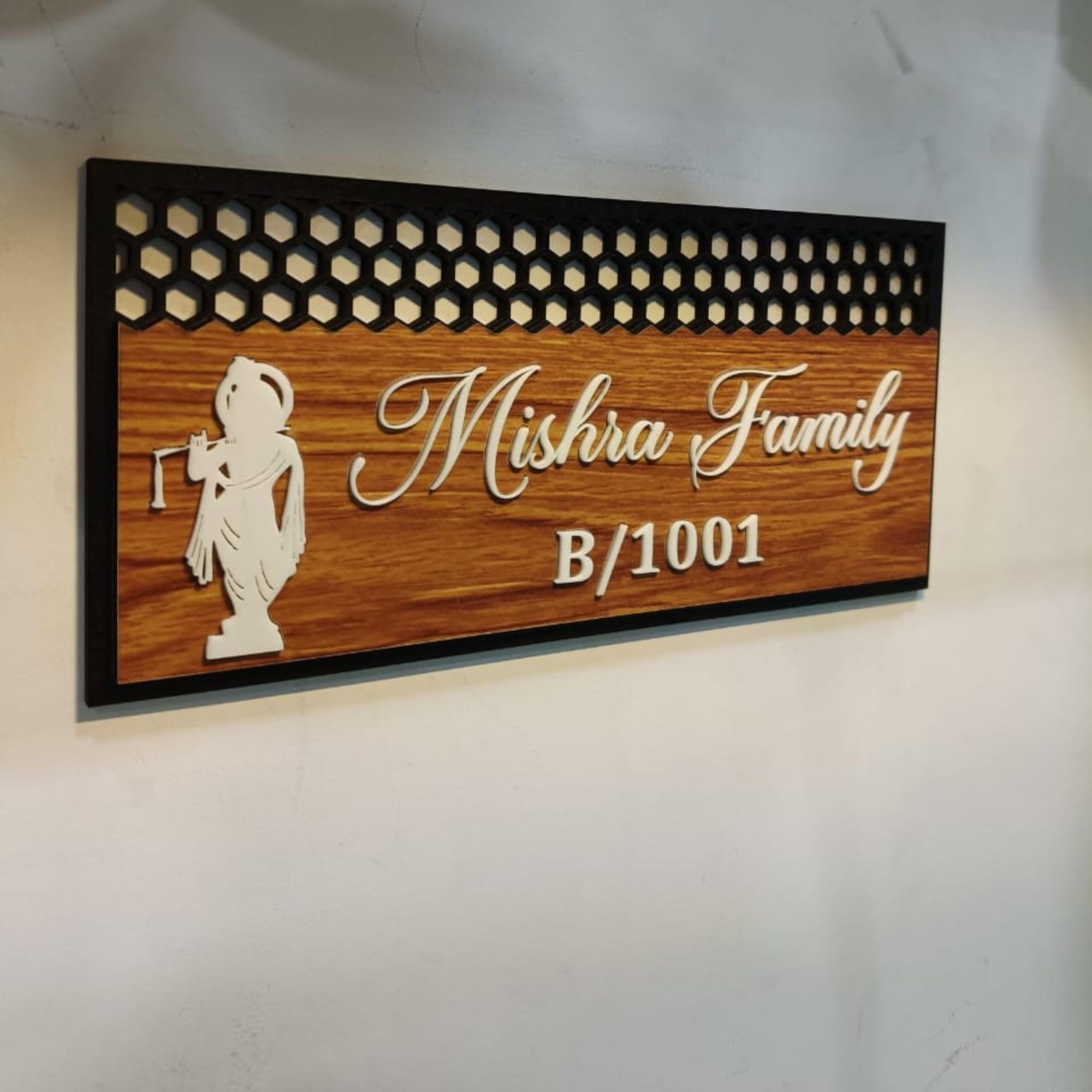 Shayona Personalized Wooden Name Plate for Home | Custom Laser Engraved Door Name Board with Family Name & Flat Number | Modern Wall Mount Nameplate with Lord Krishna Design 1