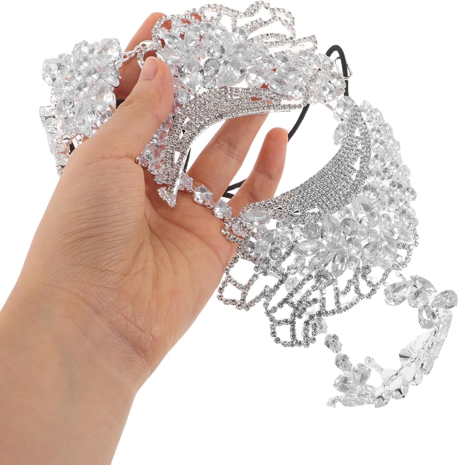 LIFKOME Rhinestone Half Face with Elastic Band Silver Venetian Prom Ball Party Mask for Women Mardi Gras Halloween Costume Accessory