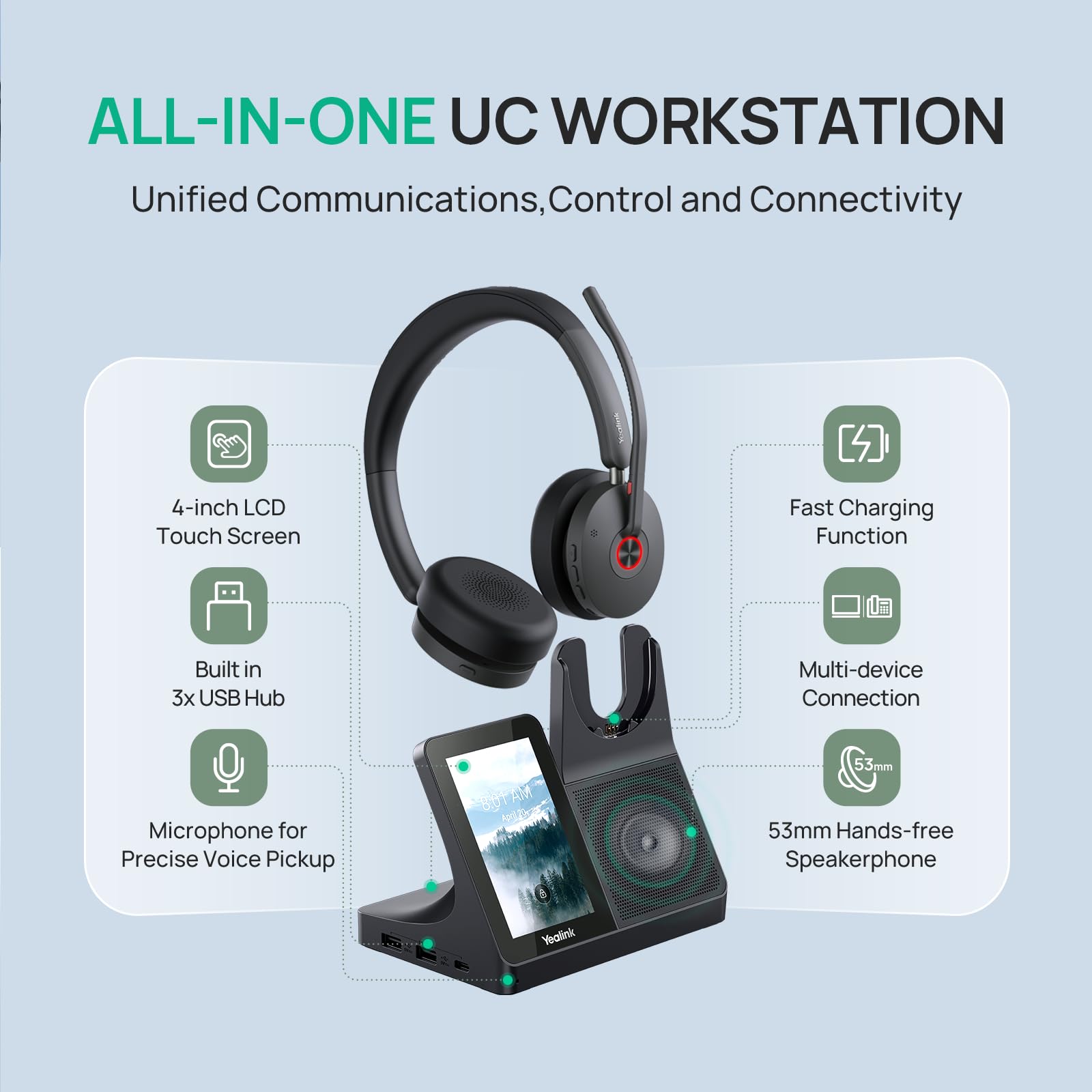 Yealink WH68 All-in-One UC-Workstation - DECT & Bluetooth Wireless Headset mit 4-Zoll Touchscreen, Hybrid-ANC, Acoustic Shield, Freisprechfunktion & USB-Hub für Büro & Home Office