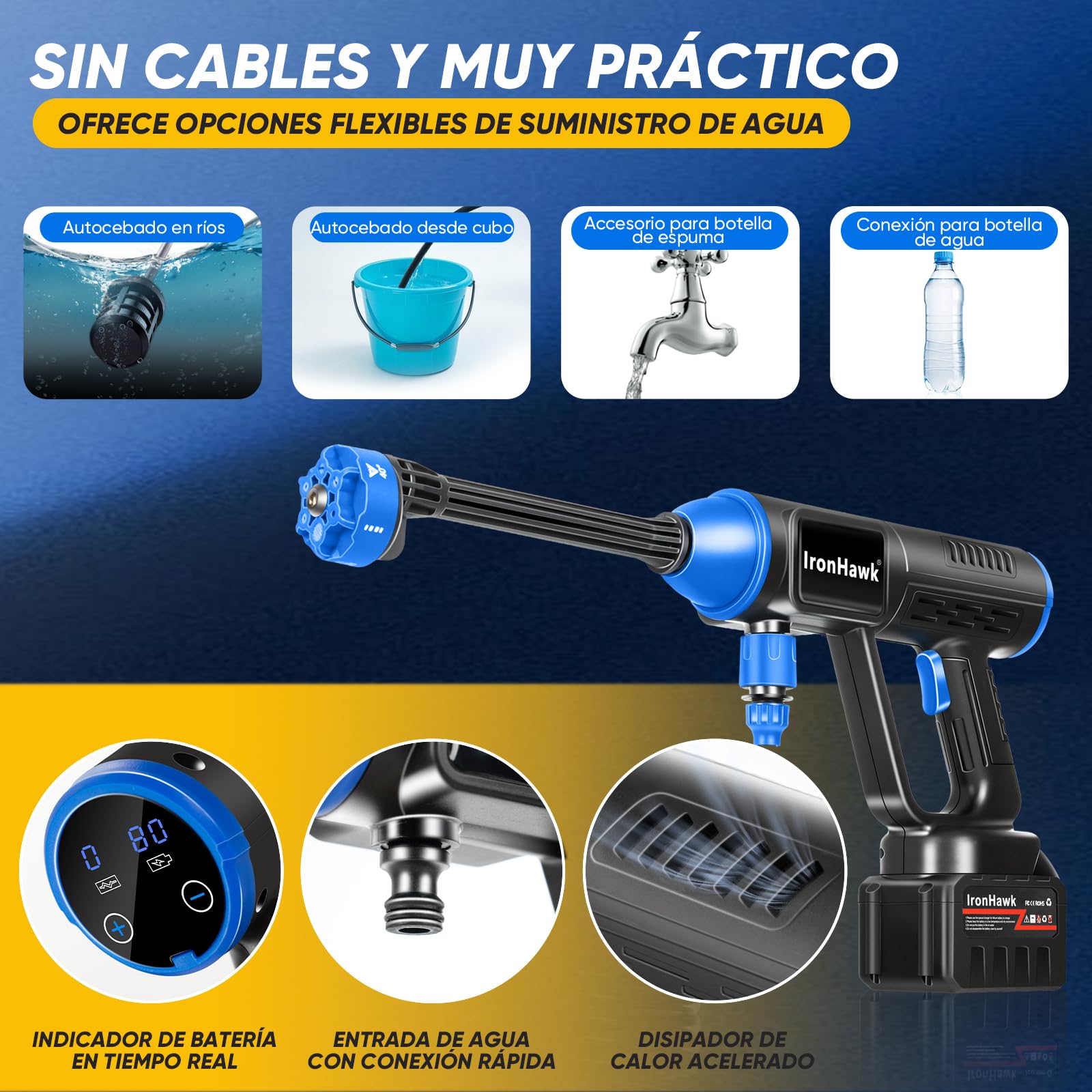 Limpiadora a Presión Inalámbrica IronHawk – Batería 2×Li‑Ion, Compacta y Portátil, Boquilla 6 en 1, Manguera 10 m – para Coche, Terraza y Jardín