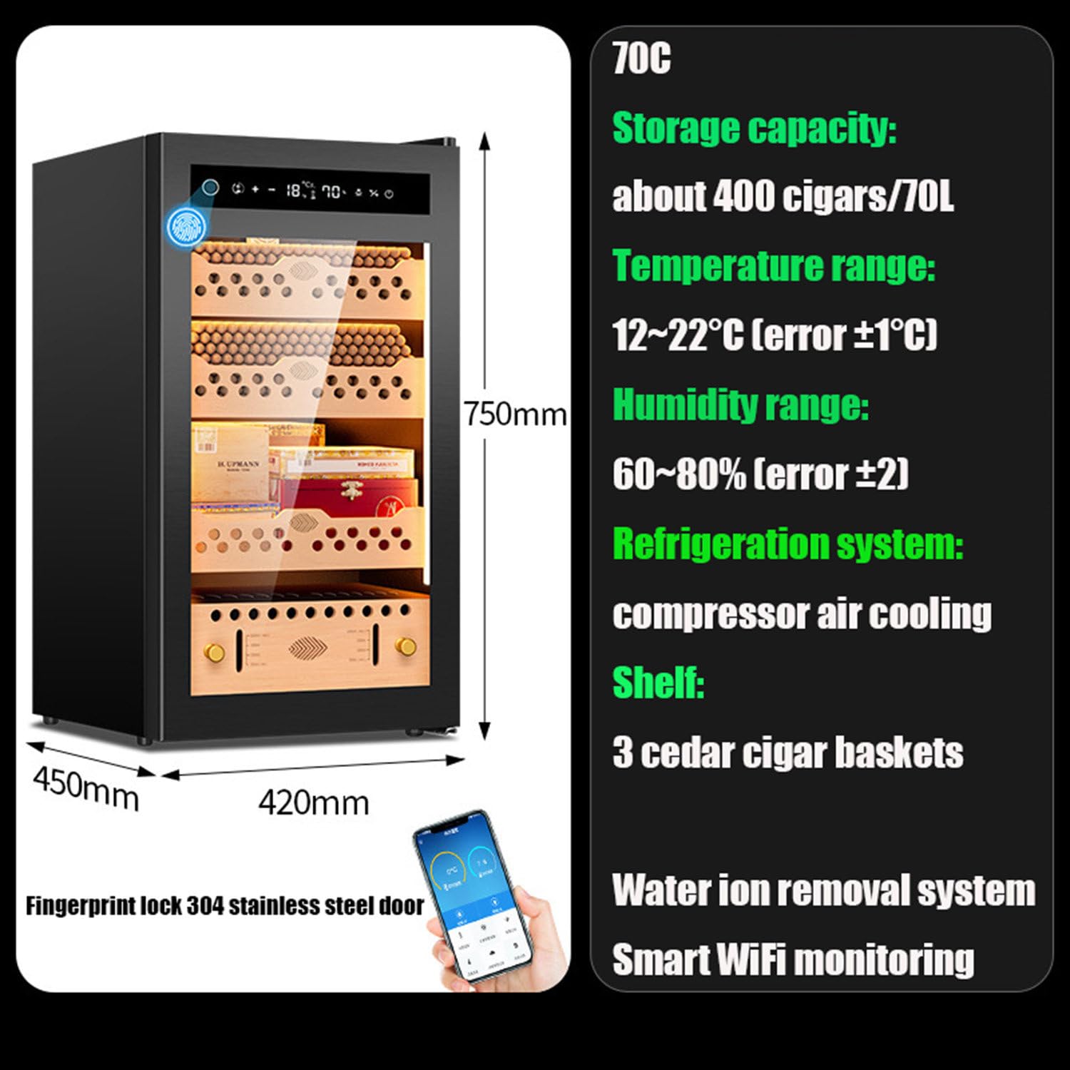 Armadio Humidor con Raffreddamento termostatico, Armadio Elettrico per sigari, con Controllo di Temperatura e umidità, per uffici/soggiorni/Negozi/Bar per sigari 70C