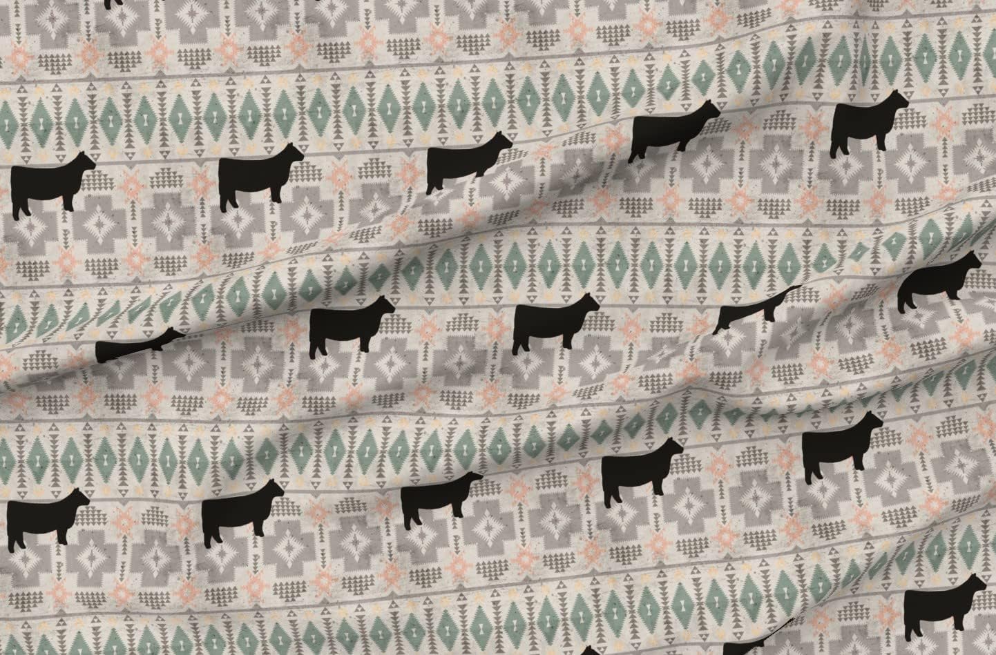 Spoonflower Fabric - Grunge Western Cow Coral Southwest Cattle Printed on Petal Signature Cotton Fabric Fat Quarter - Sewing Quilting Apparel Crafts Decor