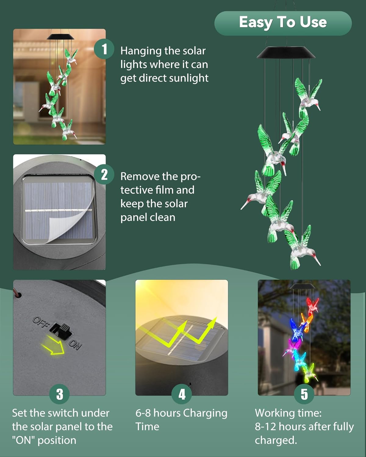 DOUBLEZHE Solar Hummingbird Wind Chimes for Outside, Valentines Day Gifts for Her, Birthday Gifts for Women Mom Grandma, for Girlfriend Wife Sister, Solar Lights Garden Outdoor Patio Yard Decor