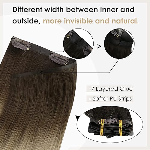 Miniatura 4 de Full Shine - Extensiones de cabello humano con clip, trama de poliuretano, rubio ombré, color castaño oscuro a reflejos rubios, sin costuras, para