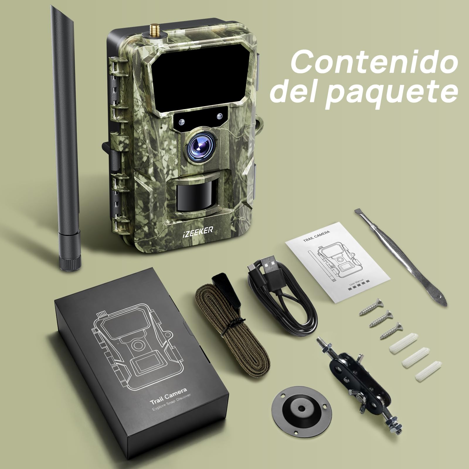 iZEEKER 2 en 1 Cámara de Caza 4G LTE 2K HD 48MP, Cámara Fototrampeo con App, Visión Nocturna Infrarroja, Detector de Movimiento, Cámara de Animales Salvajes IP66 Resistente al Agua
