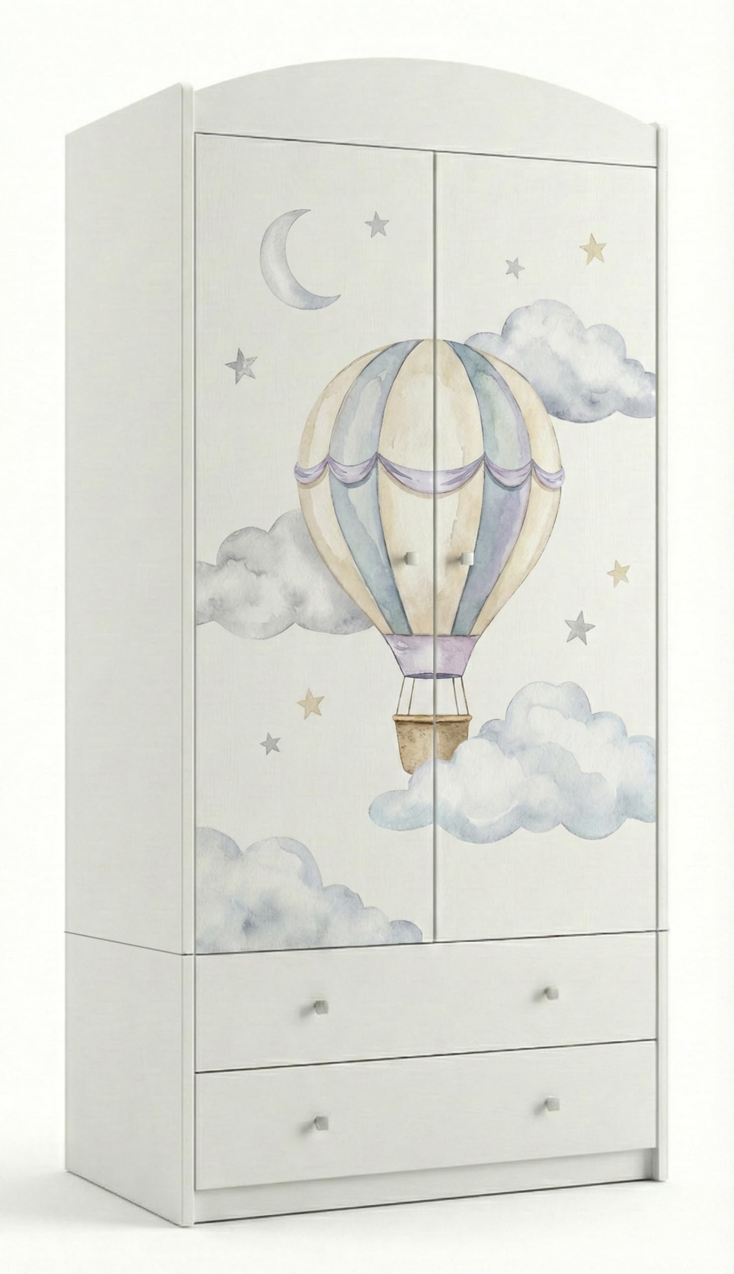 Happy Babies Kinderkleiderschrank mit bezauberndem Motiv – 2-türiger Schrank für Kinderzimmer inkl. 2 Schubladen, Kleiderstange & Einlegeböden, Weiß (88x187x54 cm) (nr 379)