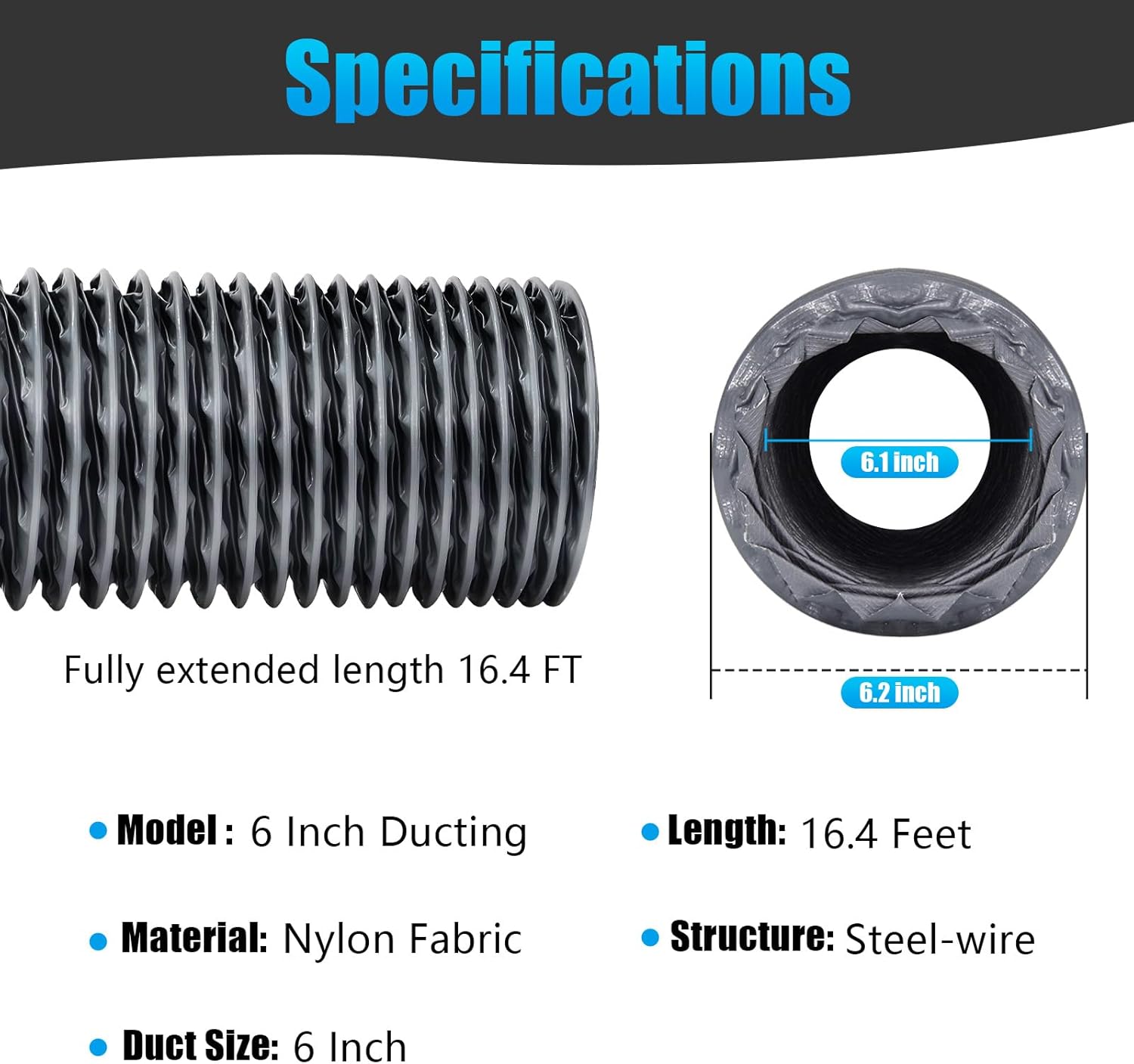 6 Inch Duct, 6 Inch X 16FT Flexible Nylon Ducting – Wear-Resistant & Tear-Proof Venting Hose, Upgraded Fire-Resistant Hvac Ducting for HVAC, Greenhouse & Inline Duct Fan