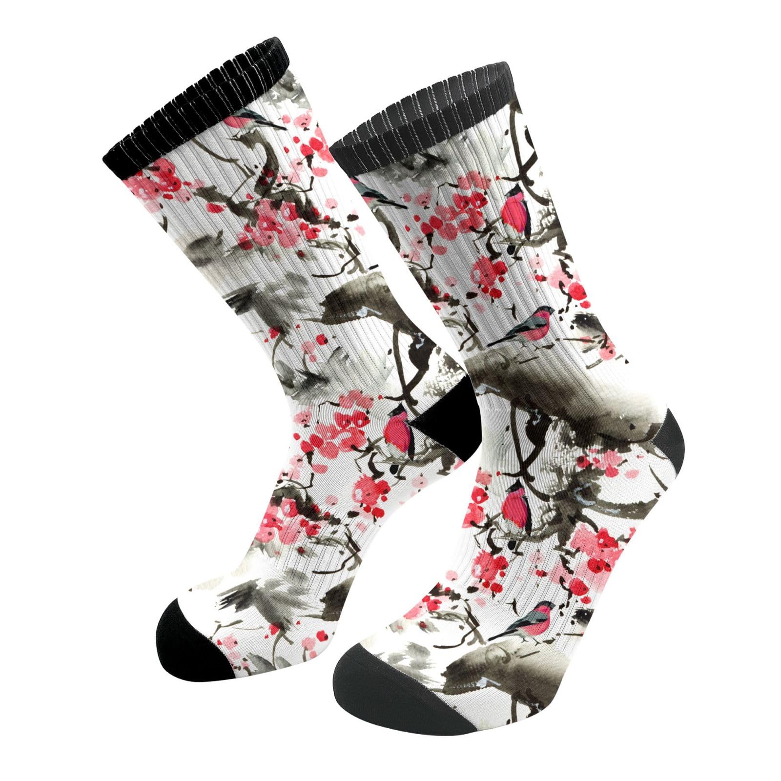ACDRUING Watercolor Cherry Blossom Unisex Athletic Crew Cushion Socks For Running And Workout Performance Wicking Cushion Mid-Calf Socks For Men Women