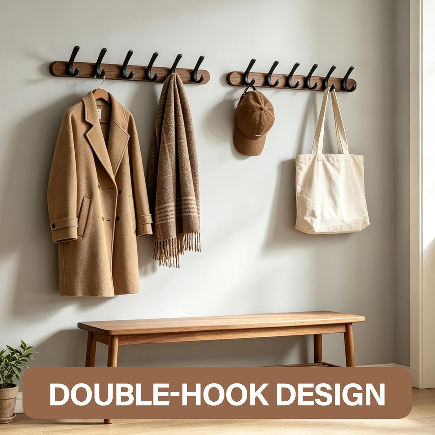 Walnut wall-Mounted Coat Rack 15.76" Spacing