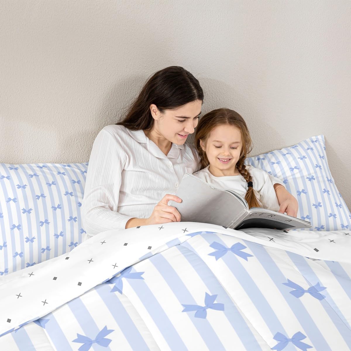 Erosebridal Bow Tie Full Comforter Set for Kids Blue White Striped Bedding Sets Cute Aesthetic Bowknot Quilt for Girls Teens Women Bedroom Cartoon Bows Stripes Bedding Comforter Sets