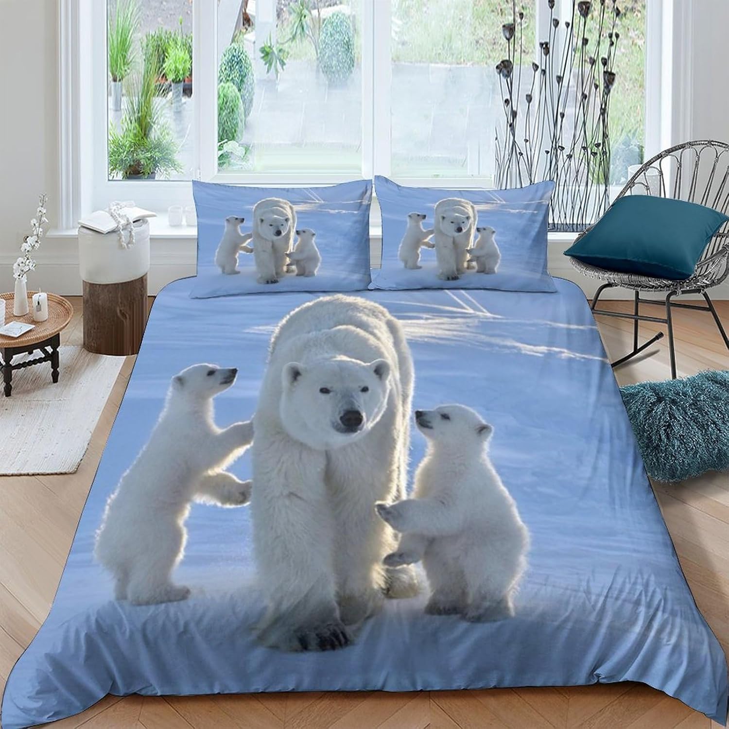 Housse de couette 200x200 ours polaire en microfibre avec 2 taies d'oreiller 65x65