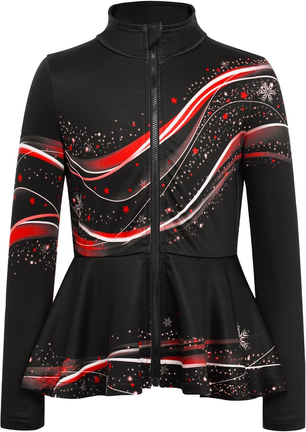 Kids Girls Figure Skating Tops Skating Training Jacket Stylish Print Peplum Full Zip Fleece Yoga Coat