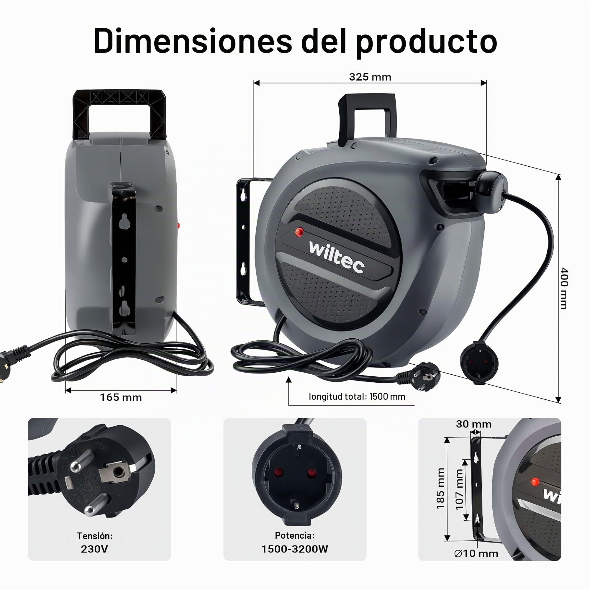 Wiltec Enrollador de cable eléctrico 15 m con corte térmico, soporte giratorio 180°, IP20, carcasa de PP, práctico y seguro para organizar cables.