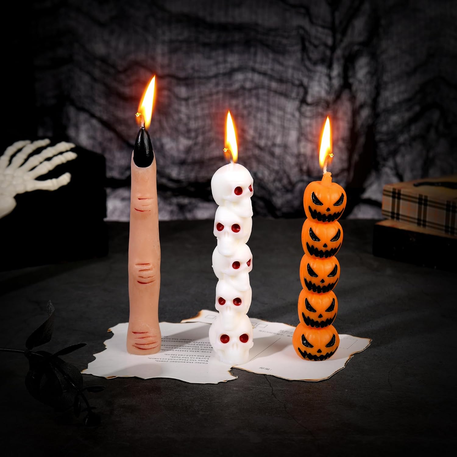 3PCS Halloween Taper Candles, Pumpkin Bat Ghost Candlesticks, Spooky Candles Set, Horror Tapered Halloween Candlesticks for Party Room Gothic Home Decorations(Spooky Skull Pumpkin Witch Finger)