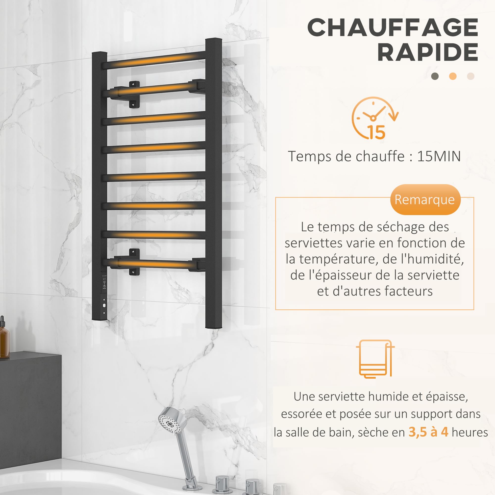 HOMCOM Sèche Serviettes électrique, radiateur Porte-Serviettes, Mural ou sur Pied, en Alliage d'aluminium avec 8 Barres, minuterie 2 ou 4 Heures, résistant à l'eau, 150W, 53 x 35 x 90 cm, Noir