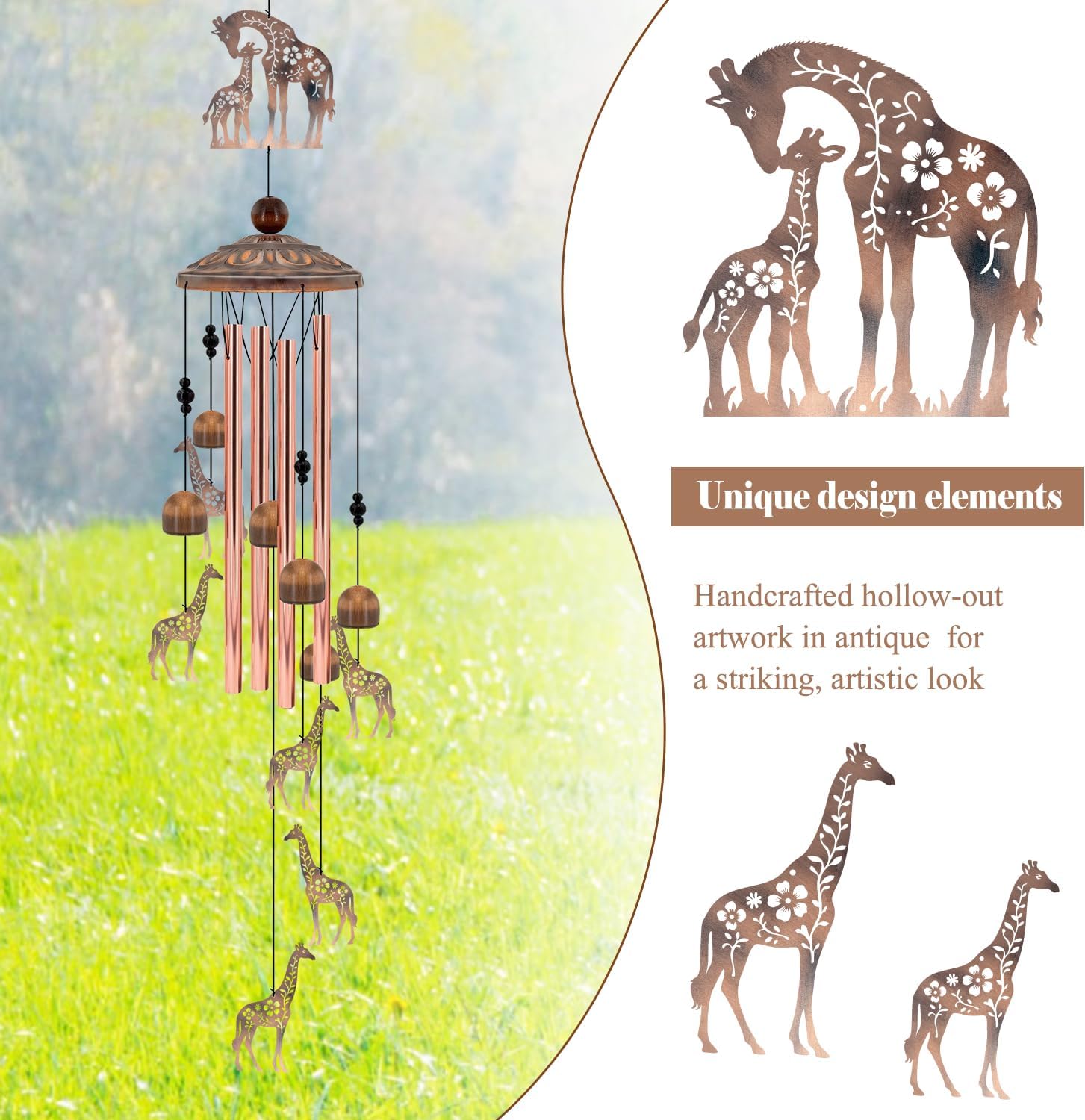 35" Giraffe Wind Chimes for Outside, Rustic Copper Mother & Baby Giraffe Silhouette Decor with 6 Pendants - Elegant Safari Memorial Windchime - Heartwarming Gift for Mom & Animal Lovers