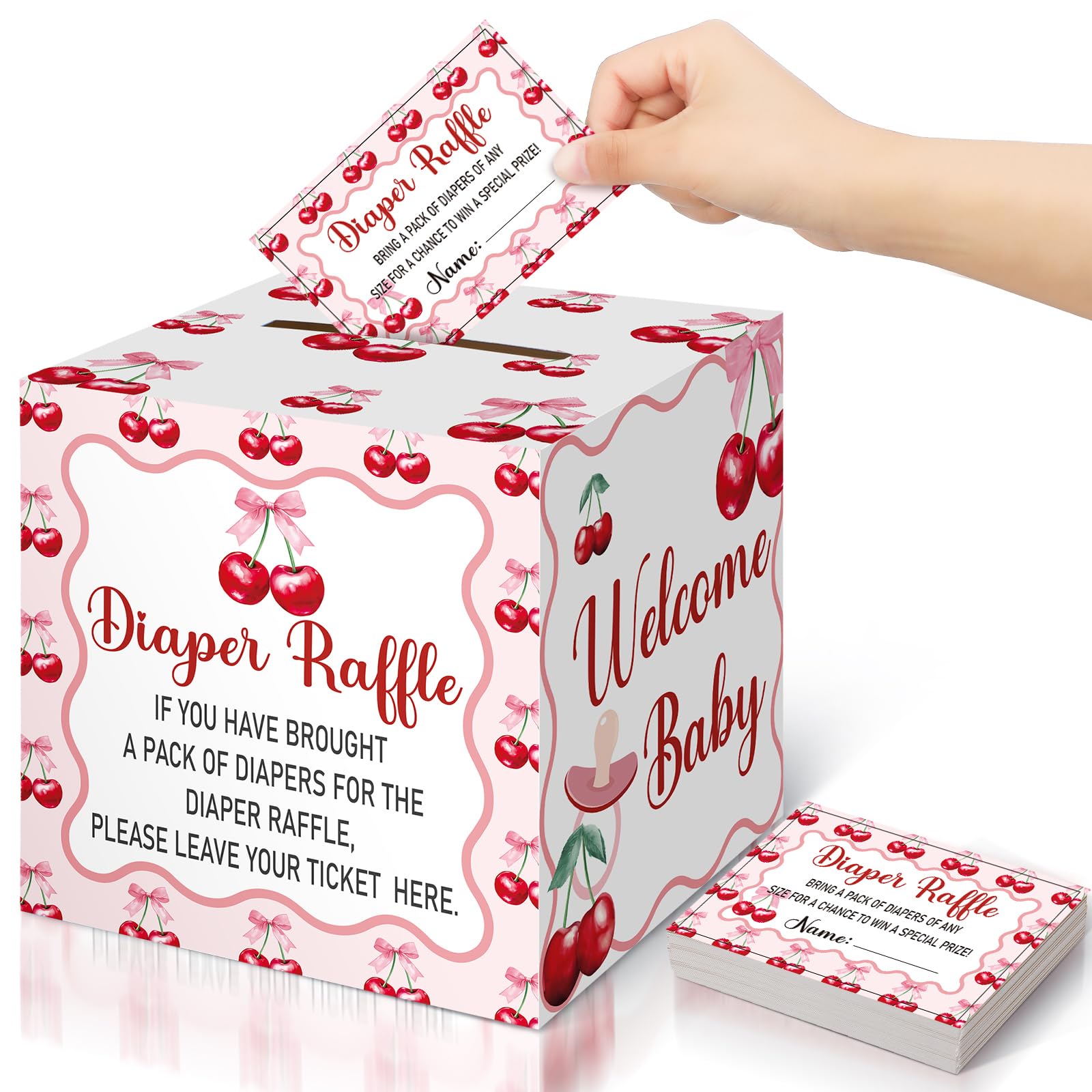 Teling 51 Pieces Diaper Raffle Tickets with Card Box,Cherry Theme Pattern
