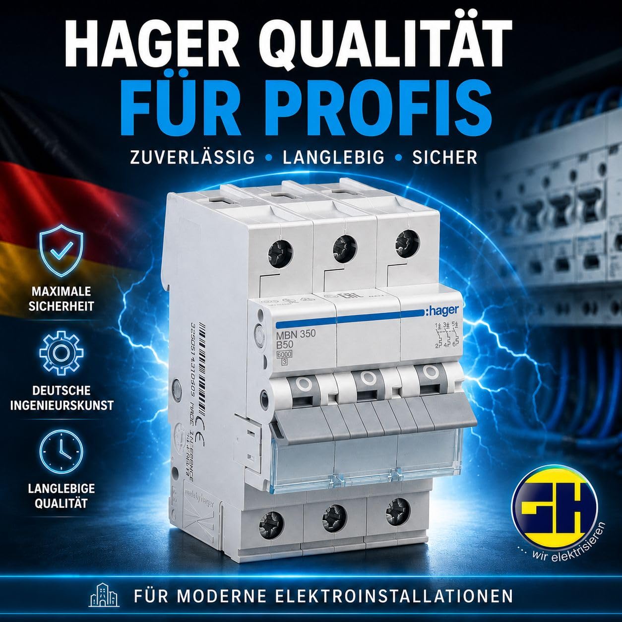 HAGER MBN350 Leitungsschutzschalter 3-polig B50A 6kA, Sicherungsautomat für Drehstrom, LS-Schalter 50A, biconnect Klemmsystem, DIN EN 60898-1, 230/400V, 3 Module