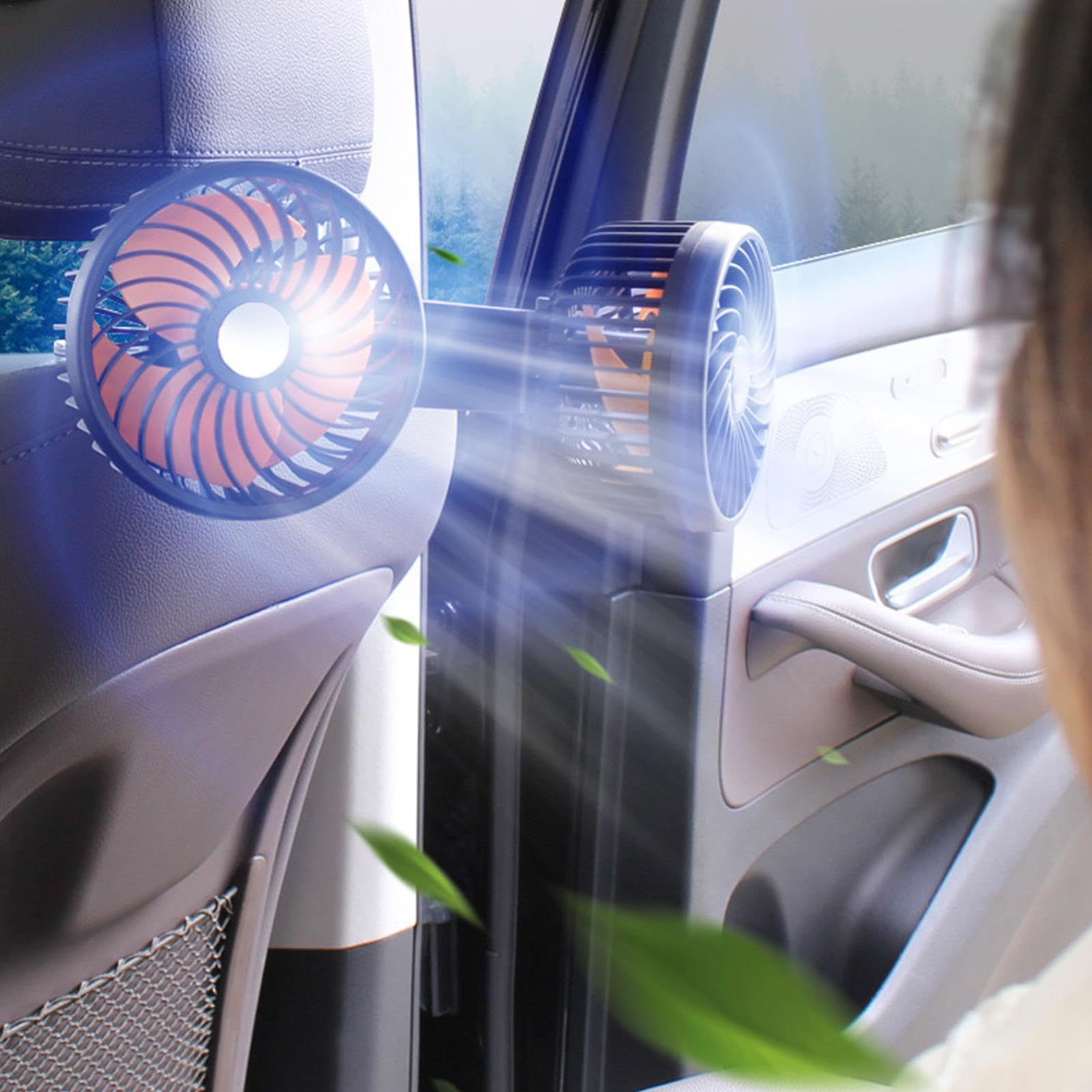 Ventilador de coche USB,Ventiladores de asiento de coche | Ventilador de coche con carga USB giratorio de 12 V y cabezal doble | Suministros de refrigeración, fácil instalación, ventilador de funciona