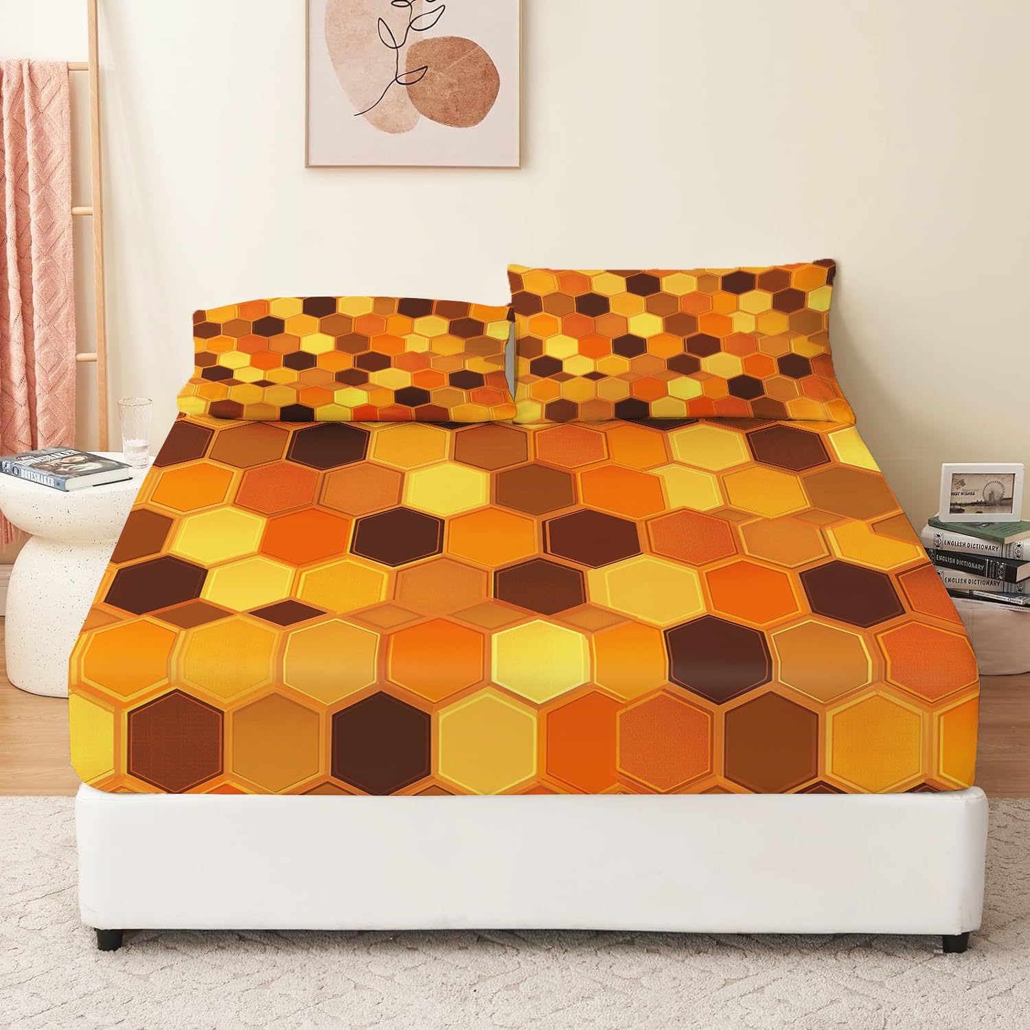 Lenzuolo con angoli 160 x 200 cm Design originale a nido d'ape esagonale Biancheria da letto 3 pezzi con angoli stampati Colore arancione Lenzuolo Lenzuolo con angoli extra profondo con federe