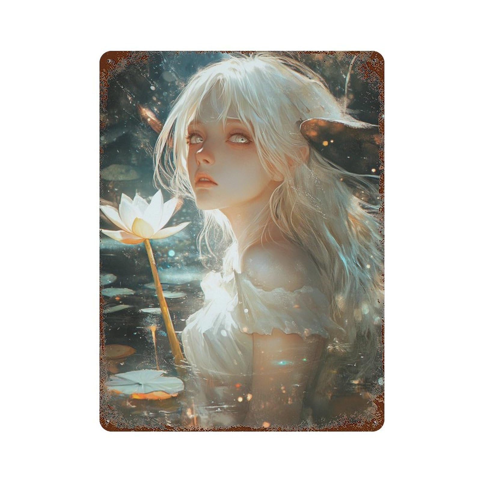 Enchanted Water Lily Fantasy Rusty Metal Tin Sign 15.7"x11.8", Ideal for Office, Studio And Wall Decor