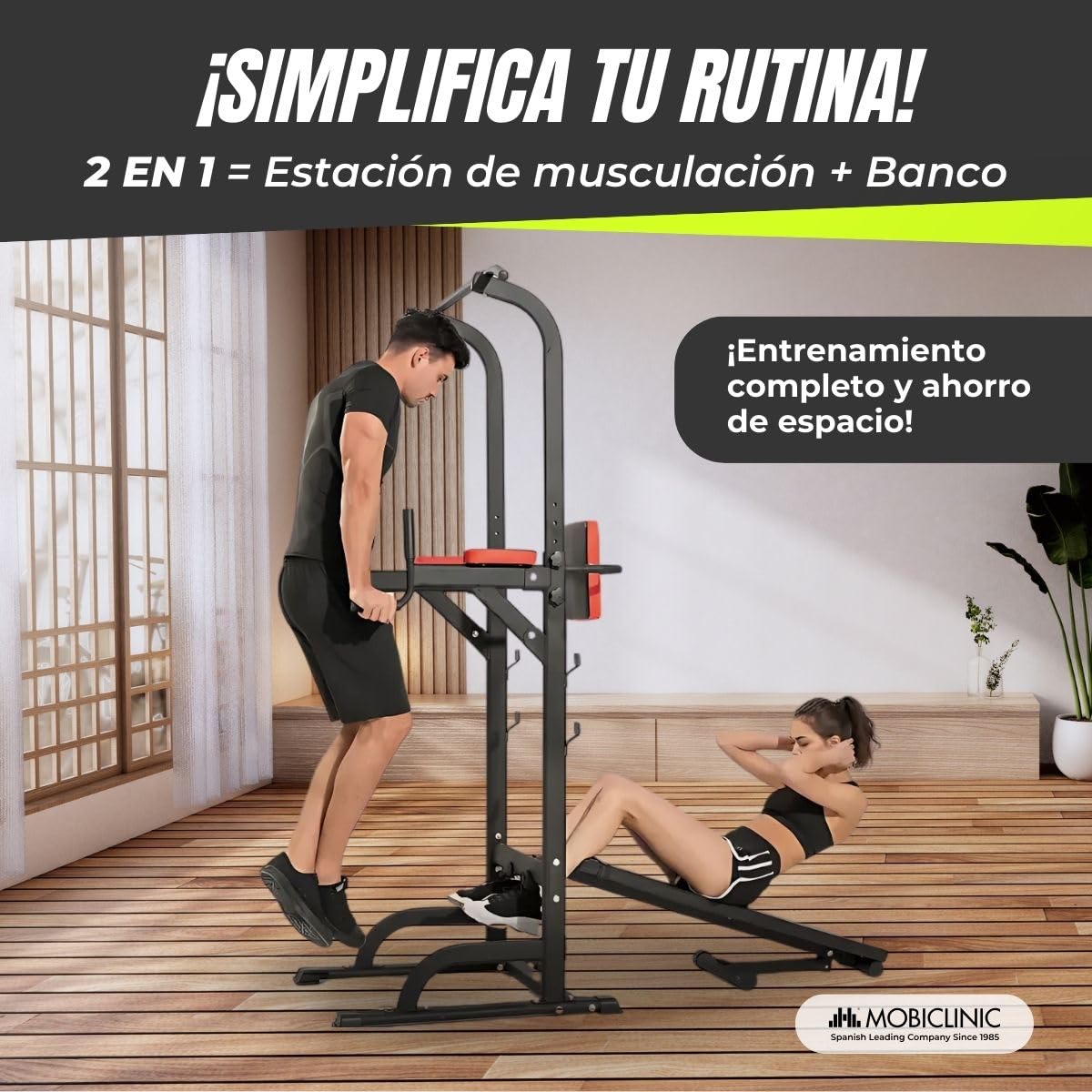 Mobiclinic® Fitness, Estación de musculación, 9 en 1, Plegable, Domifit, Ajustable 7 Alturas, Barra dominadas, Banco reclinable, Soporte para Barras, Multifunción, Antideslizante, Acolchada