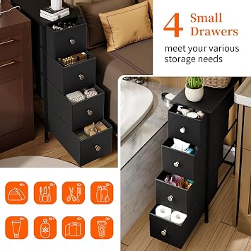 Fixwal Narrow Storage Cabinet, Slim Dresser with 4 Fabric Drawers, Black | 9.5in width, sturdy & stable structure, solid steel frame, wooden top, suitable for bedroom, bathroom & laundry room